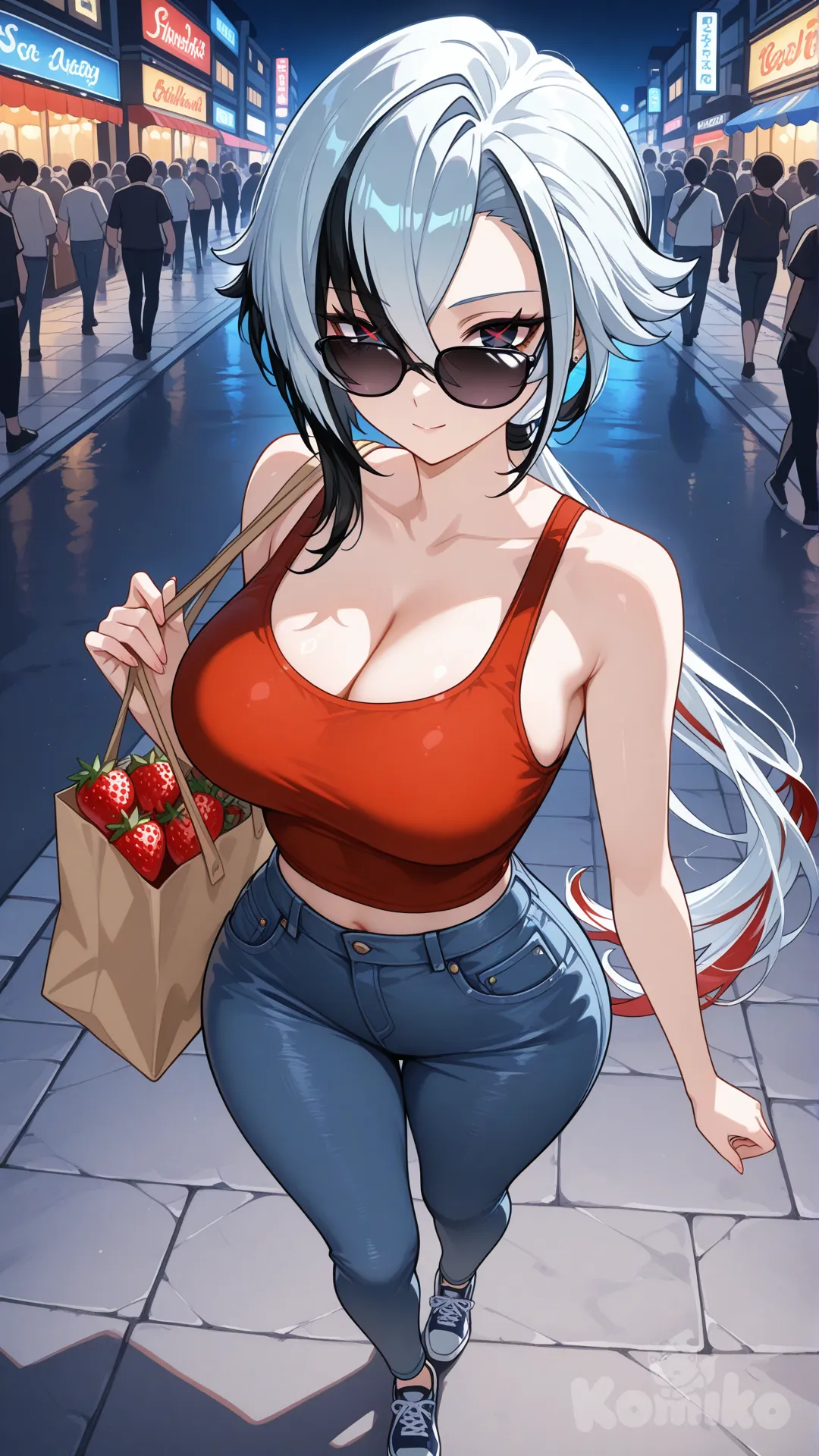 @Arlecchino_(Genshin_Impact) cool big sister style

#big sister style , Very good figure , 

#side view 

 # upper body (Focus on the upper body, from the waist up.)

#looking at viewer #full body#, up view , #full body ,from above , day , funny , relaxed, anime style , 

#cool post

,red Thin Cropped tank top , jeans , deep sea blue running shoes , sun glasses

relax , Taking a stroll, walking on a sidewalk , on a midnight sunnyday , in the sreet in night market , It has a view of the sea and beach as a backdrop

She is now strolling through the night market, amidst the crowds, carrying a bag full of strawberry in her hands.