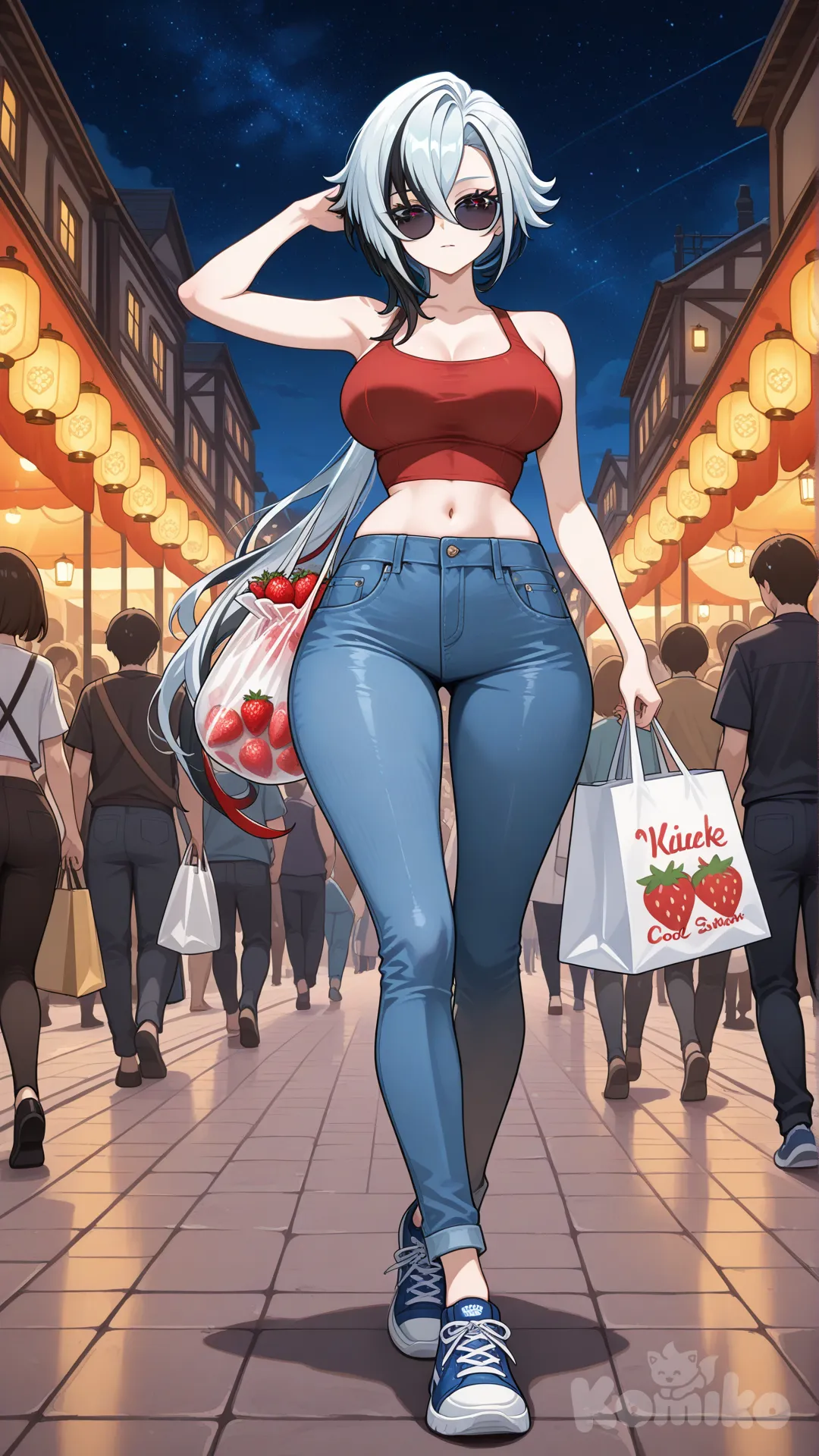 @Arlecchino_(Genshin_Impact) cool big sister style

#big sister style , Very good figure , 

#side view 

 # upper body (Focus on the upper body, from the waist up.)

#looking at viewer #full body#, up view , #full body ,from above , day , funny , relaxed, anime style , 

#cool post

,red Thin Cropped tank top , jeans , deep sea blue running shoes , sun glasses

relax , Taking a stroll, walking on a sidewalk , on a midnight sunnyday , in the sreet in night market , It has a view of the sea and beach as a backdrop

She is now strolling through the night market, amidst the crowds, carrying a bag full of strawberry in her hands.