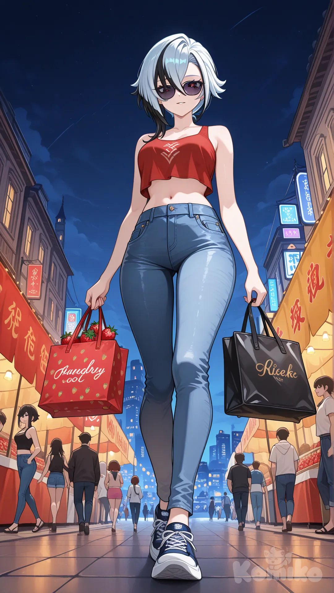 @Arlecchino_(Genshin_Impact) cool big sister style
#big sister style , Very good figure ,
#front view
# upper body (Focus on the upper body, from the waist up.)
#looking at viewer #full body#, up view , #full body ,from above , day , funny , relaxed, anime style ,
#cool post
,red Thin Cropped tank top , jeans , deep sea blue running shoes , sun glasses
relax , Taking a stroll, walking on a sidewalk , on a midnight sunnyday , in the sreet in night market , It has a view of the sea and beach as a backdrop
She is now strolling through the night market, amidst the crowds, carrying a bag full of strawberry in her hands.