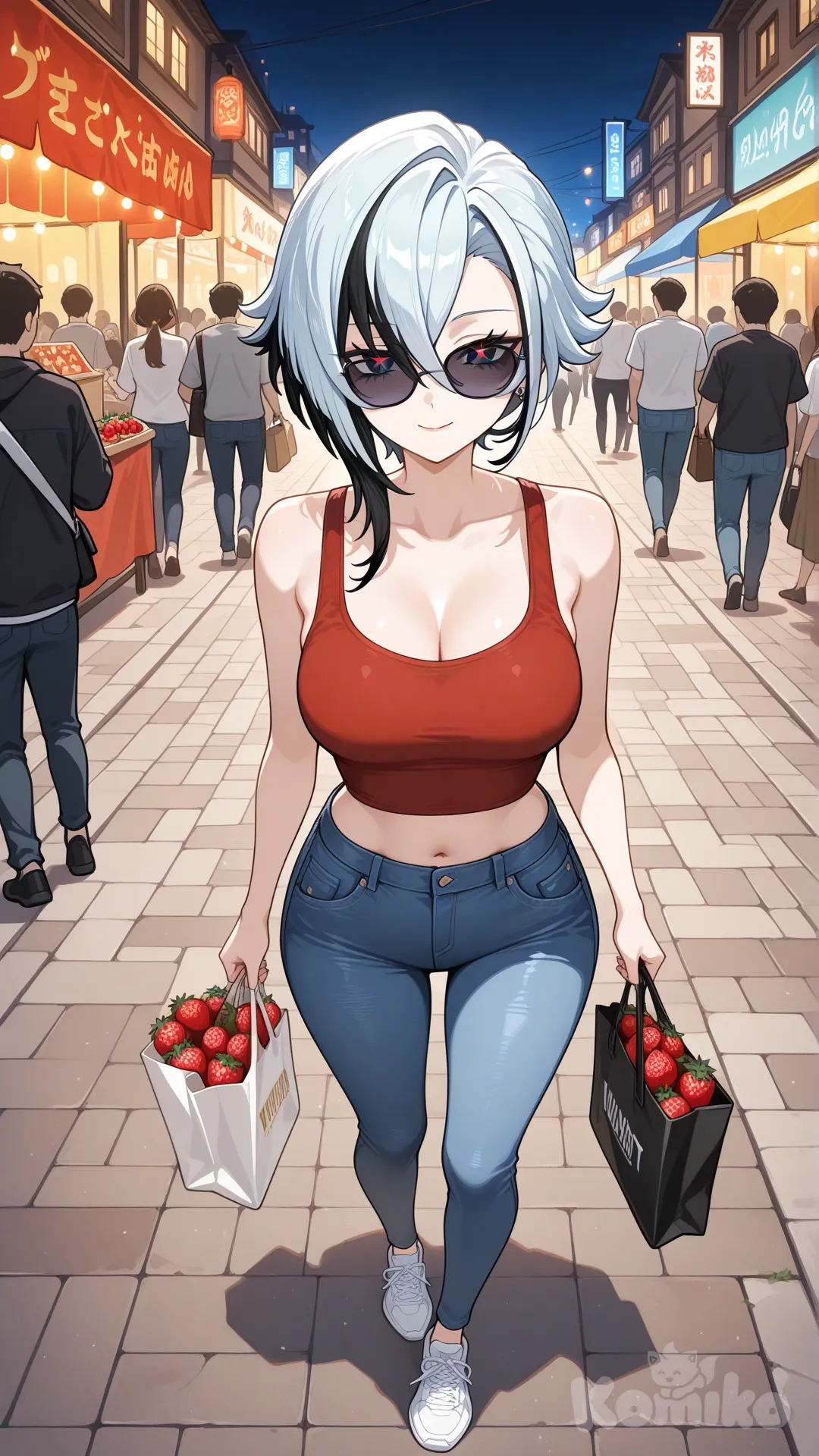 @Arlecchino_(Genshin_Impact) cool big sister style
#big sister style , Very good figure ,
#front view
# upper body (Focus on the upper body, from the waist up.)
#looking at viewer #full body#, up view , #full body ,from above , day , funny , relaxed, anime style ,
#cool post
,red Thin Cropped tank top , jeans , deep sea blue running shoes , sun glasses
relax , Taking a stroll, walking on a sidewalk , on a midnight sunnyday , in the sreet in night market , It has a view of the sea and beach as a backdrop
She is now strolling through the night market, amidst the crowds, carrying a bag full of strawberry in her hands.