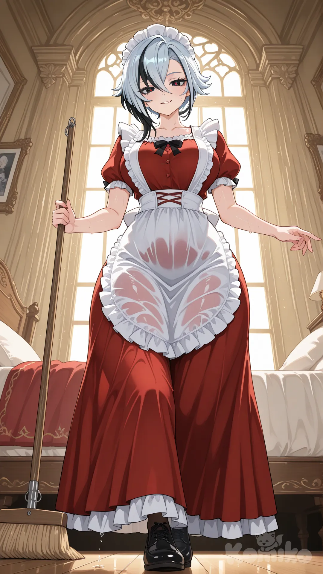 @Arlecchino_(Genshin_Impact) (big cool sister) 

#big sister style , Very good figure , 

#front view 

#looking at viewer #full body#, up view , #full body ,from above , day , funny , relaxed, anime style , 

#cool post

,red maid uniform

# private bed room in mansion,It's a bedroom for two, featuring only a red bed and a soft, red interior, creating a relaxing and sensual atmosphere and hot. , Decorated with wooden furniture in a gold theme, sunlight streaming through the windows creates a warm atmosphere.
#She intended to clean, but the red-toned decor and the sunlight streaming in made the room even hotter and stuffier, soaking her clothes with sweat and clinging to her body.

relax , sunnyday , in the bedroom , Clean, sweep the floor, with a cheerful demeanor.
