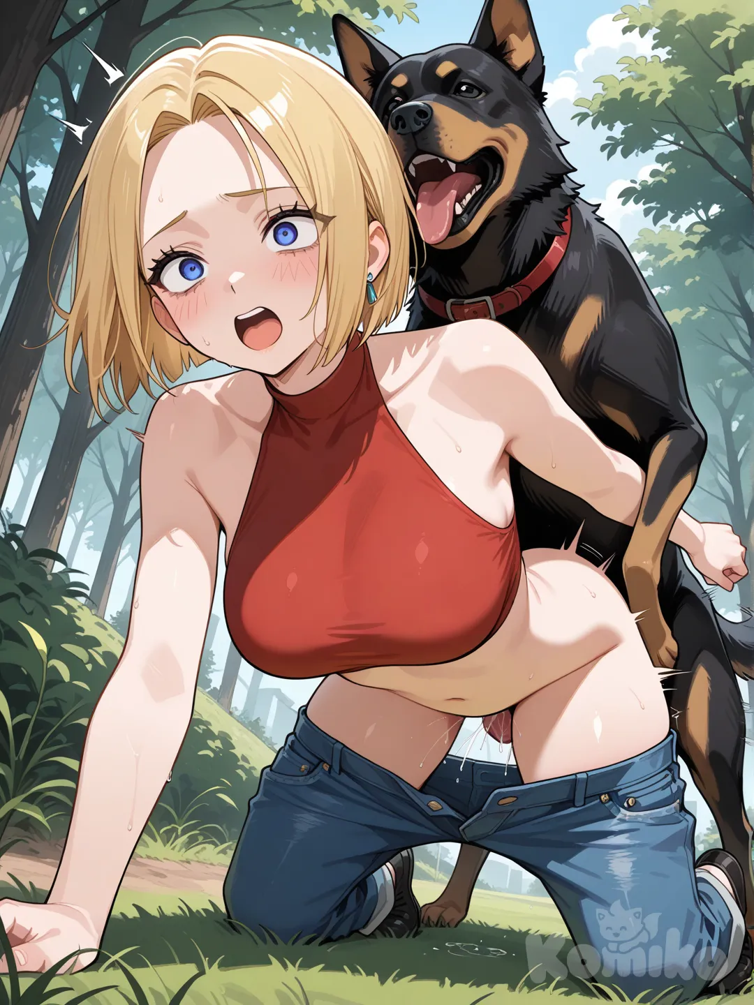 @blue_mary fucked by a dog at outdoor. She wear red halterneck, denim hot pants. She looked scared. Dynamic view.