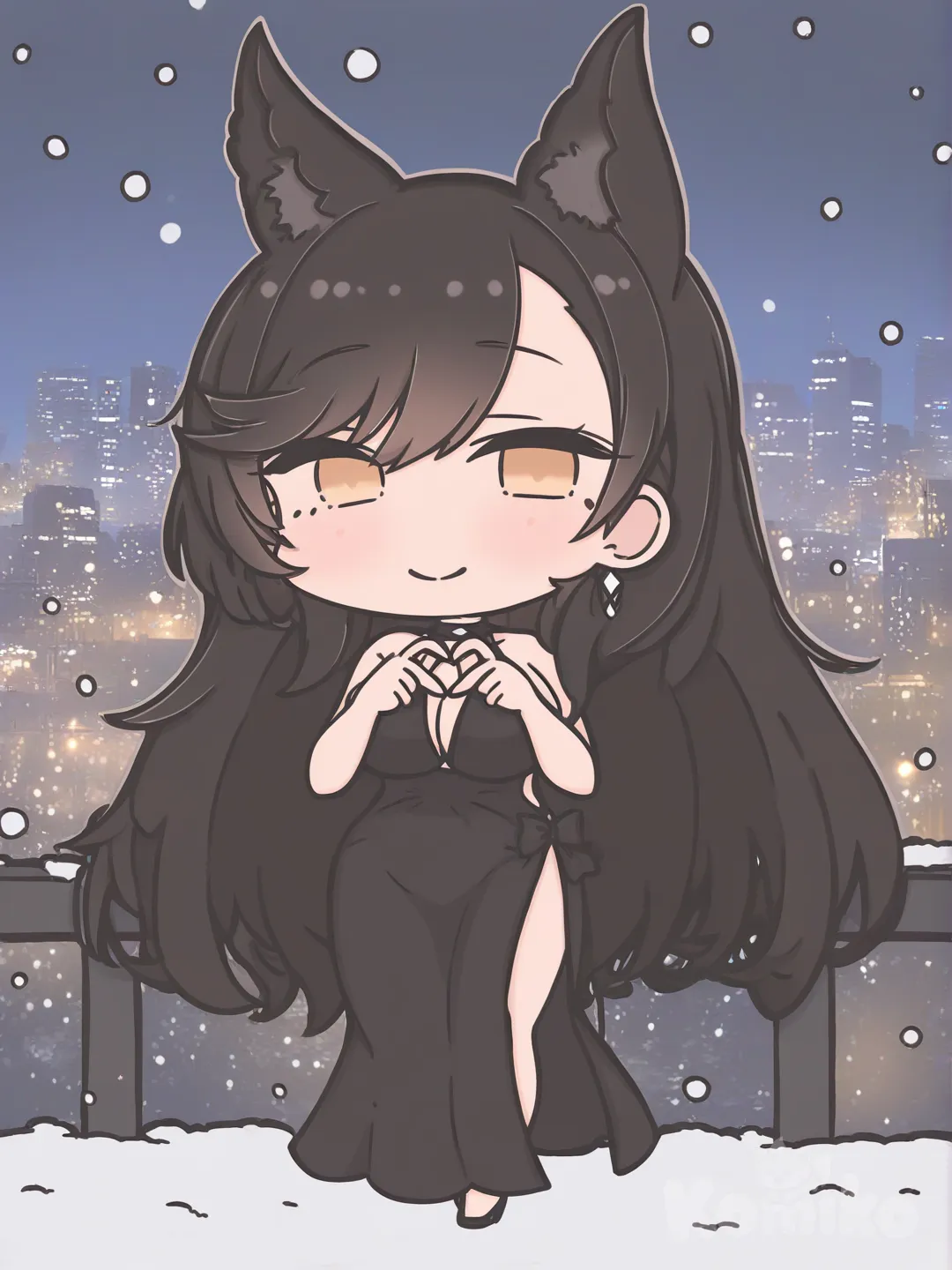 Atago (Azur Lane), [pastel-chibi-style], smile, heart hands, evening dress, choker, earrings, full body, looking at viewer, front profile photo, night, city lights, snowy
