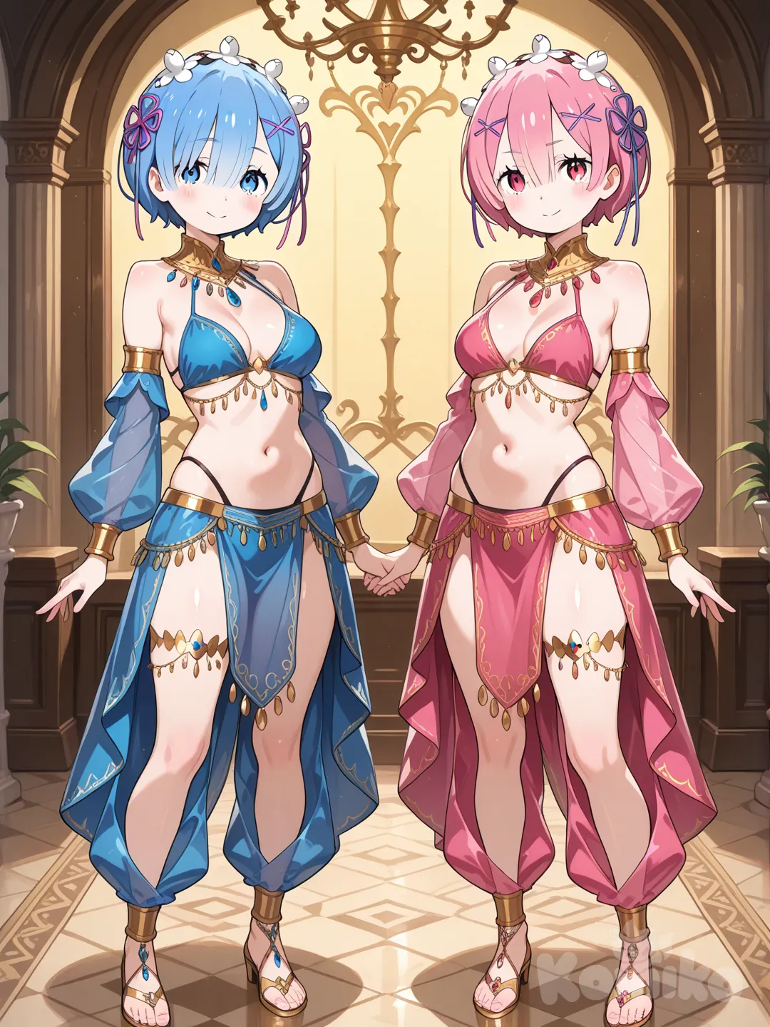 rem (re:zero), ram (re:zero), harem outfit, full body, smile