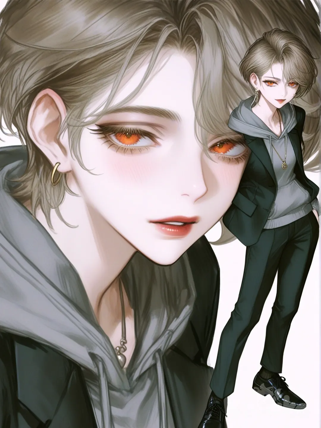 [semi-realistic-portrait-style] 1girl, mature, slim, shaped_haircut, light_brown_hair, orange_eyes, fair_skin, moss_gray_hoodie, suit_pants, earrings, necklace, single character, full body, looking at viewer, anime style, simple background, white background