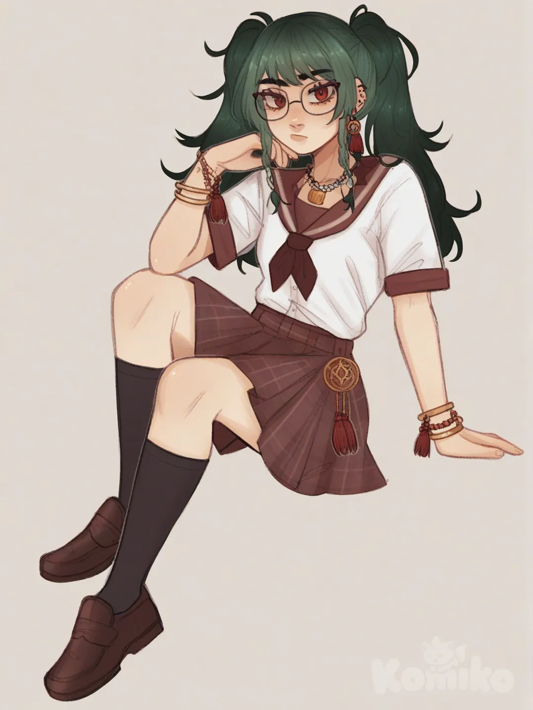 [soft-shaded-moe-style] 1girl, solo, teenager, petite, fair skin, green hair, long hair, pigtails, red eyes, glasses, earrings, necklace, bracelet, tassels, school uniform, single character, full body, looking at viewer, anime style, simple background, white background