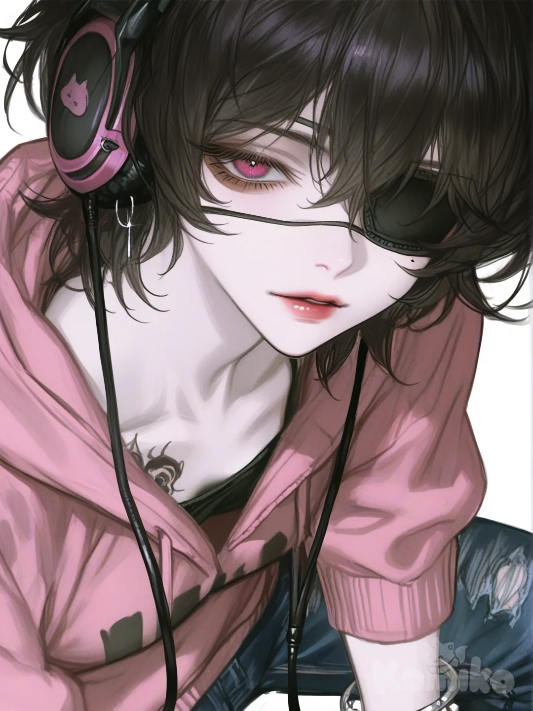 [semi-realistic-portrait-style] 1girl, black_hair, short_hair, pink_eyes, pale_skin, slender, tattoo, pink_hoodie, jeans, headphones, eyepatch, bracelet, earrings, solo, full_body, looking_at_viewer, anime_style, simple_background, white_background