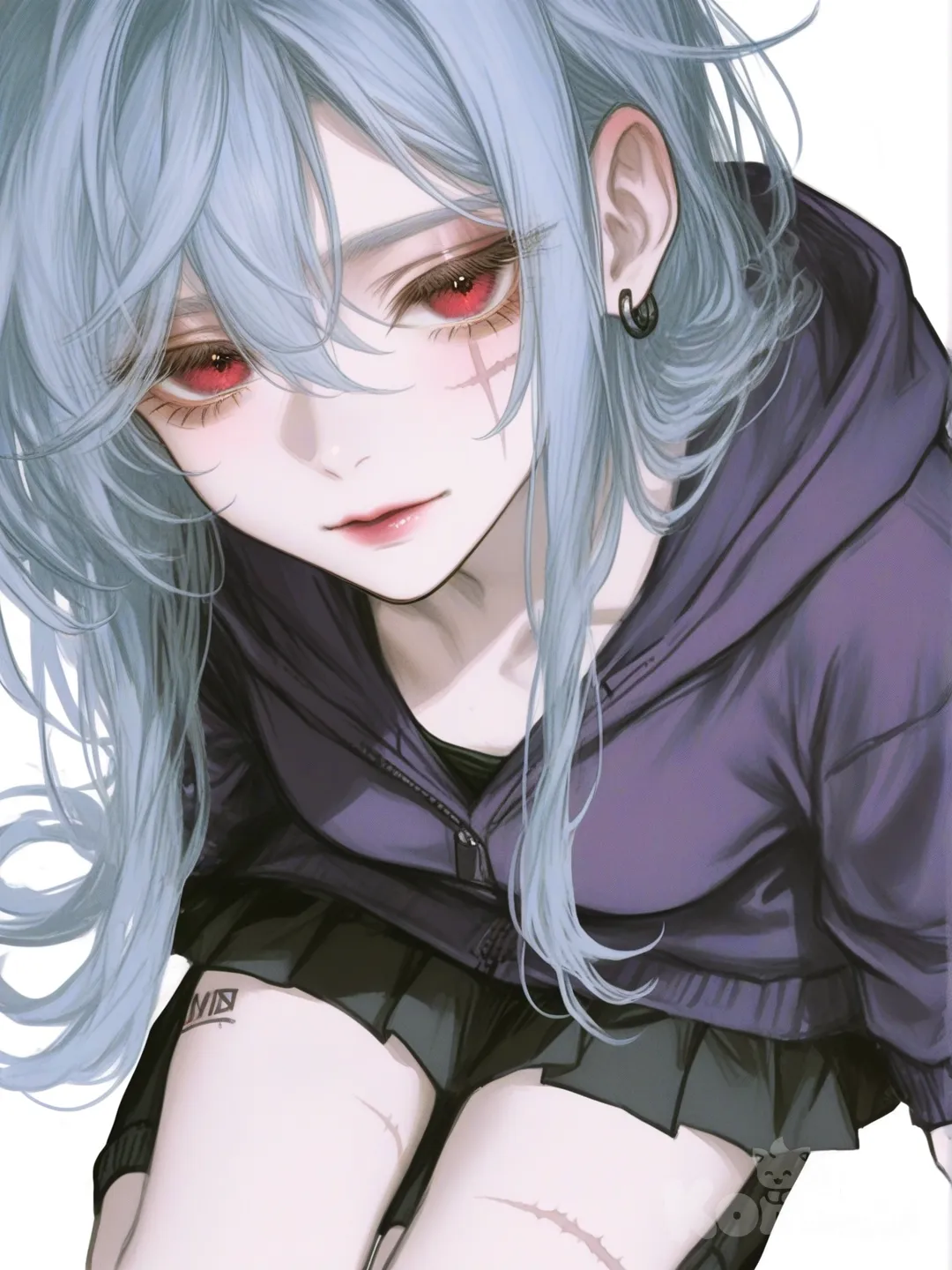 [semi-realistic-portrait-style] 1girl, pastel colors, teenager, petite, tall, long hair, straight hair, snow blue hair, red eyes, tattoo, scar, fair skin, purple hoodie, black skirt, earrings, single character, full body, looking at viewer, anime style, simple background, white background