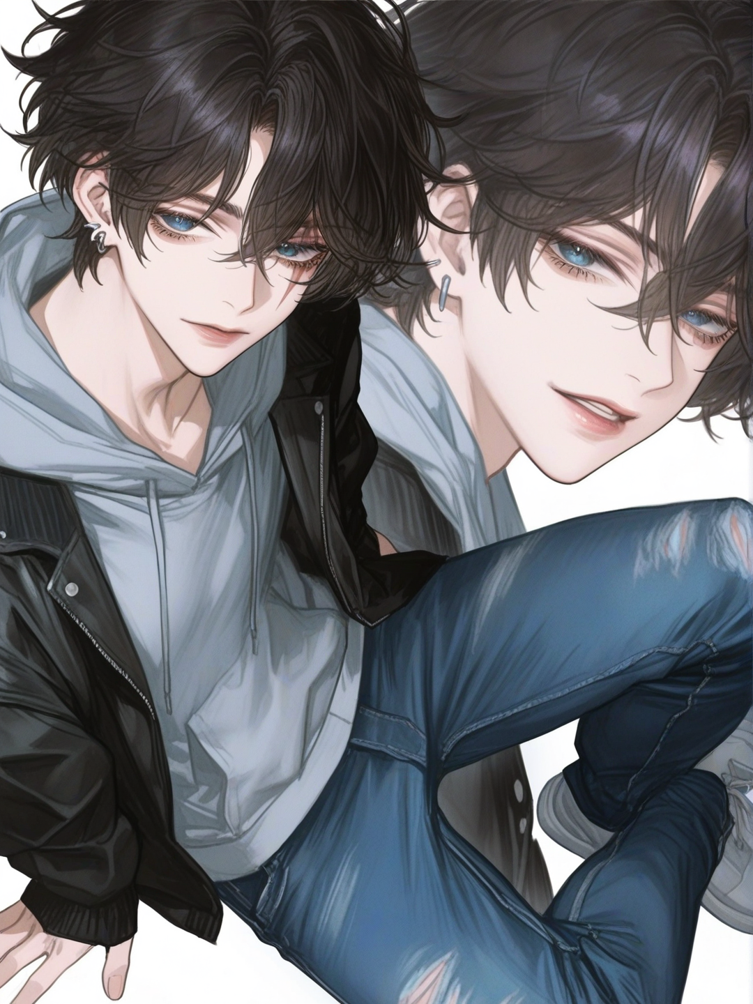 [semi-realistic-portrait-style] 1boy, teen, tall, black_hair, blue_eyes, scar, fair_skin, jeans, diving_suit, hoodie, earrings, pastel_colors, anime_coloring, single character, full body, looking at viewer, anime style, simple background, white background