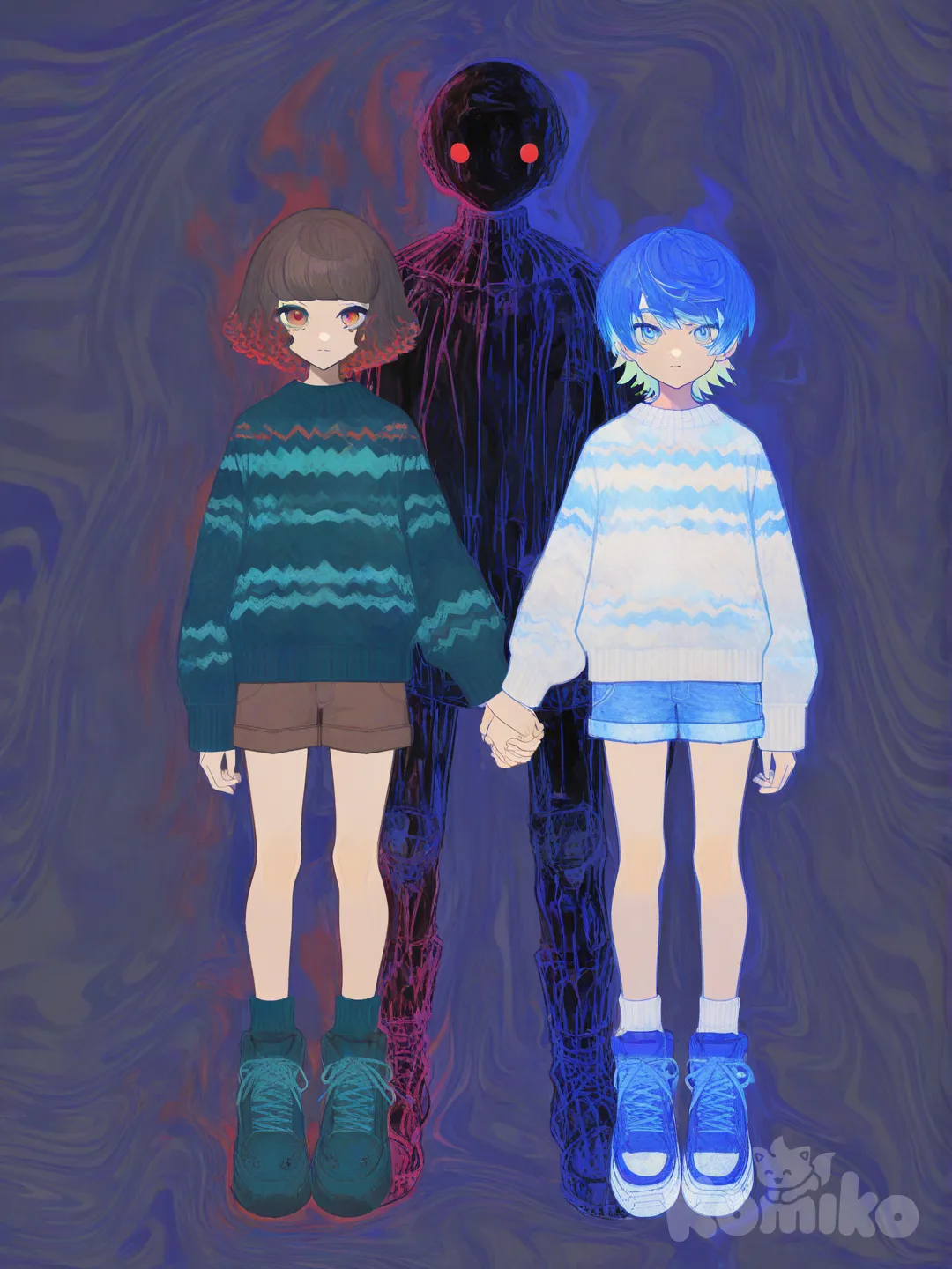 2 boys, [watercolor-illustration-style], holding hands. 1boy: short brown hair, green bangs, red eyes, green sweater, brown shorts, black ugg boots. 2boy: blue hair, blue eyes, white sweater with blue stripes, denim shorts, blue sneakers.