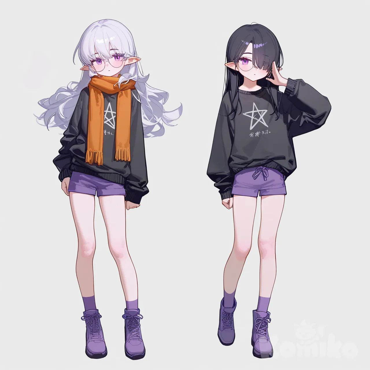 1girl, solo, pastel_colors, teenager, petite, black_hair, long_hair, hair_over_one_eye, white_hair_streak, purple_eyes, fair_skin, black_sweater, pentagram_print, purple_shorts, purple_boots, glasses, pointy_ears, orange_scarf, single character, full body, looking at viewer, anime style, simple background, white background, [lacquered-illustration-style]