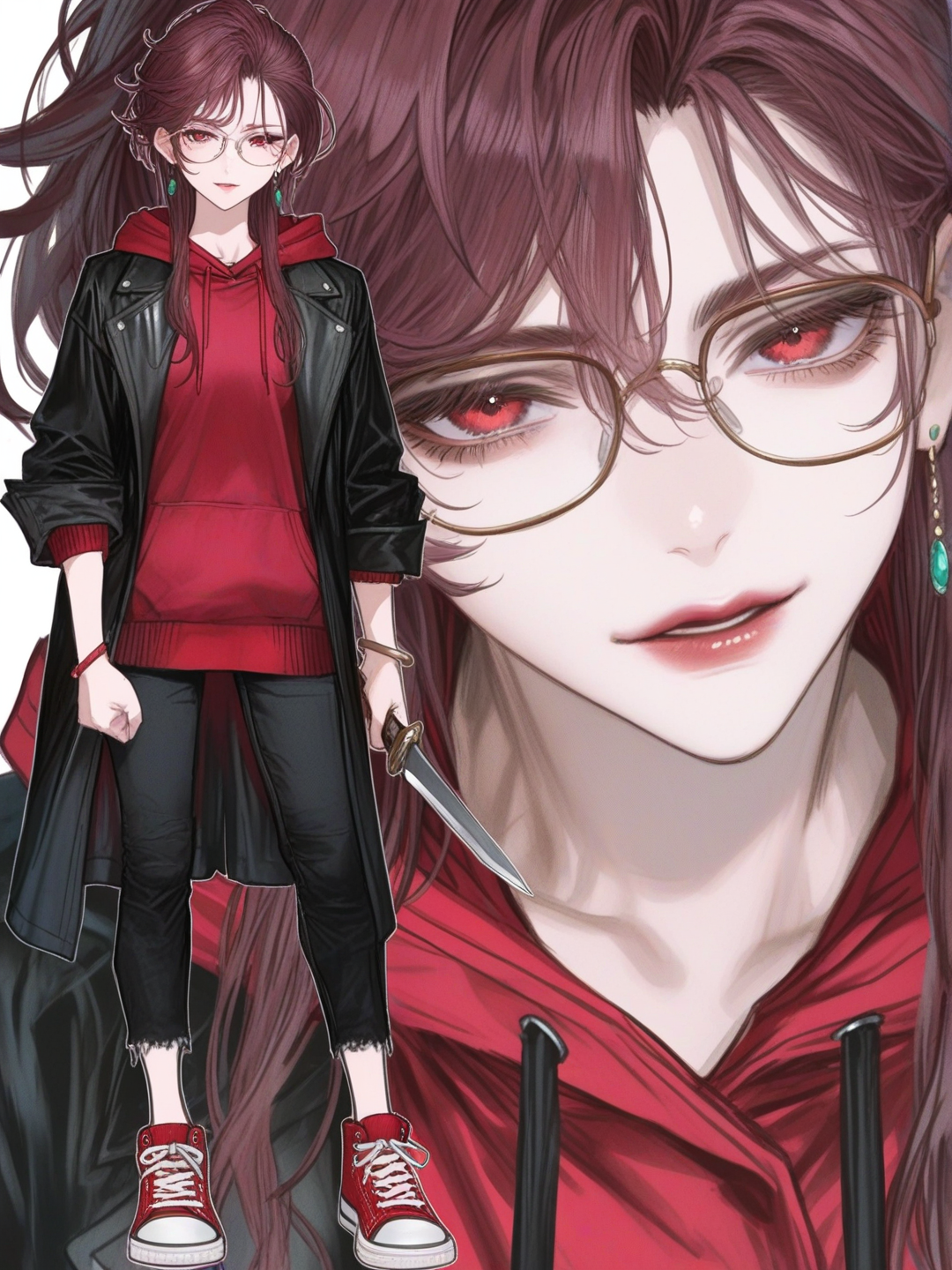 [semi-realistic-portrait-style] 1girl, mature, slim, burgundy_hair, short_hair, scarlet_eyes, fair_skin, red_hoodie, black_stripe, black_raincoat, black_pants, red_sneakers, earrings, glasses, bracelet, holding_dagger, pastel_colors, single character, full body, looking at viewer, anime style, simple background, white background