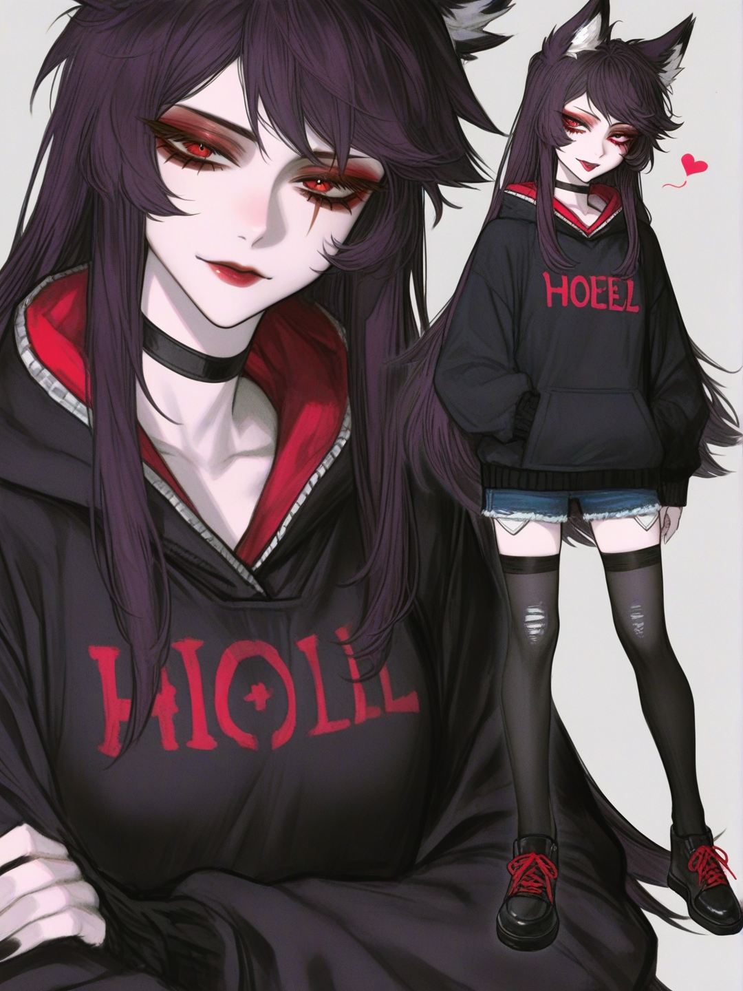 [semi-realistic-portrait-style] 1girl, hazbin_hotel_style, teenager, tall, long_hair, purple_hair, black_hair, red_eyes, scar, hoodie, jeans, cloak, knee_high_socks, choker, single_character, full_body, looking_at_viewer, simple_background, white_background