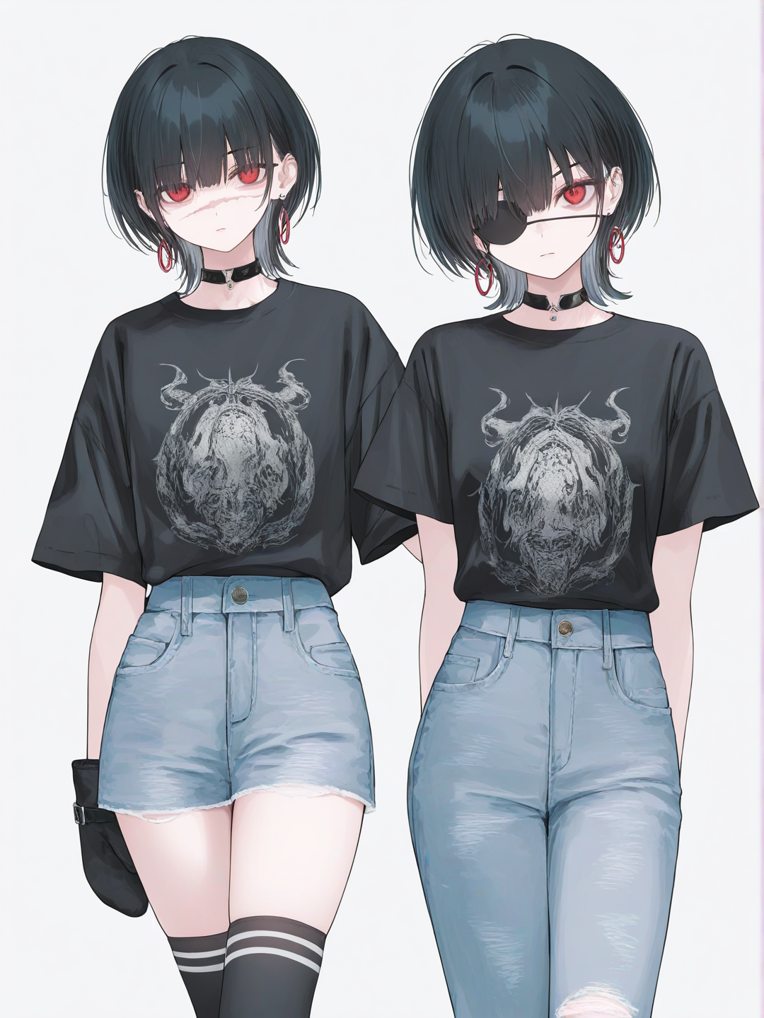 [soft-pastel-style] 1girl, pastel_colors, mature_female, black_hair, short_hair, red_eyes, scar, fair_skin, black_t-shirt, white_print, black_mittens, jeans, earrings, choker, eye_patch, knee_socks, single_character, full_body, looking_at_viewer, anime_style, simple_background, white_background
