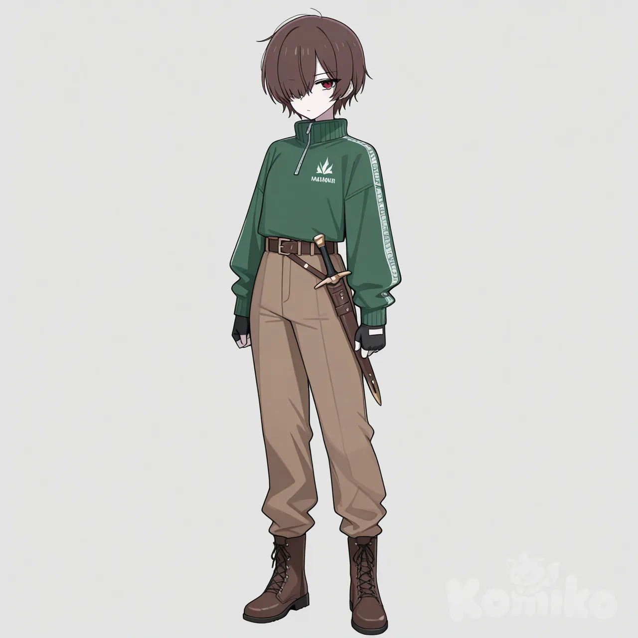1girl, [toon-shaded-style], teenager, short, short hair, brown hair, green hair bangs, bangs on the left eye, red eyes, fair skin, sweater with a zipper, green sweater, brown pants, brown boots, Knee pads, fingerless gloves, dagger, dagger in sheath, sheath on the belt.