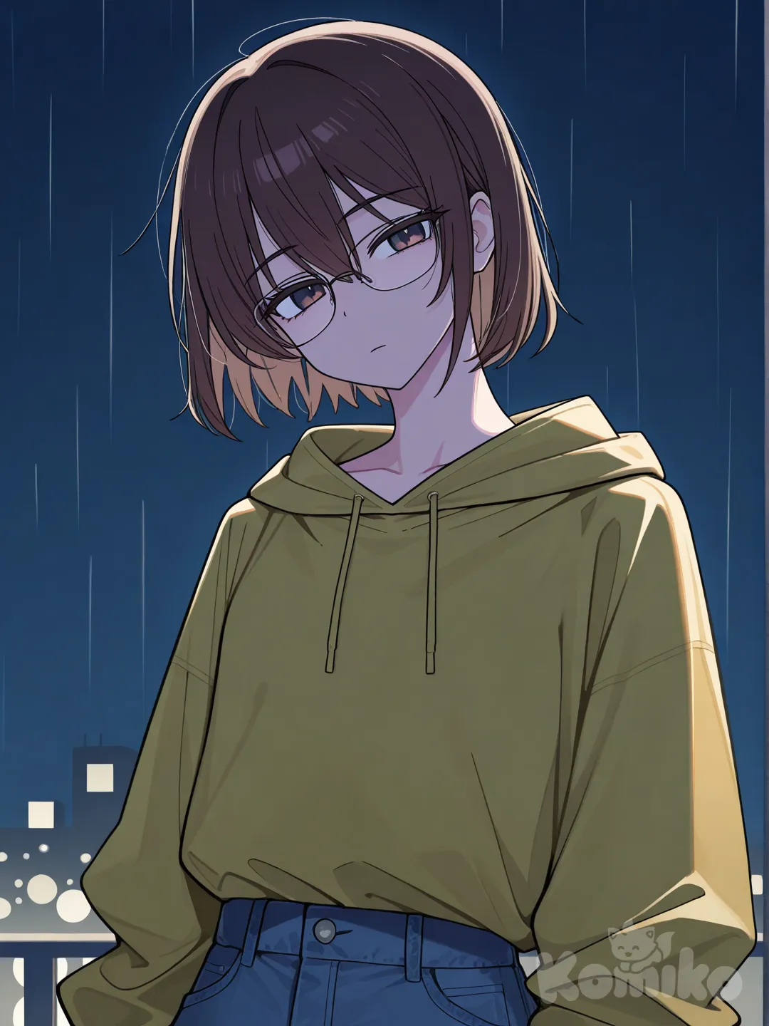 [toon-shaded-style], 1girl, expressionless, head tilt, hoodie, jeans, raincoat, glasses, short hair, brown hair, headshot, night