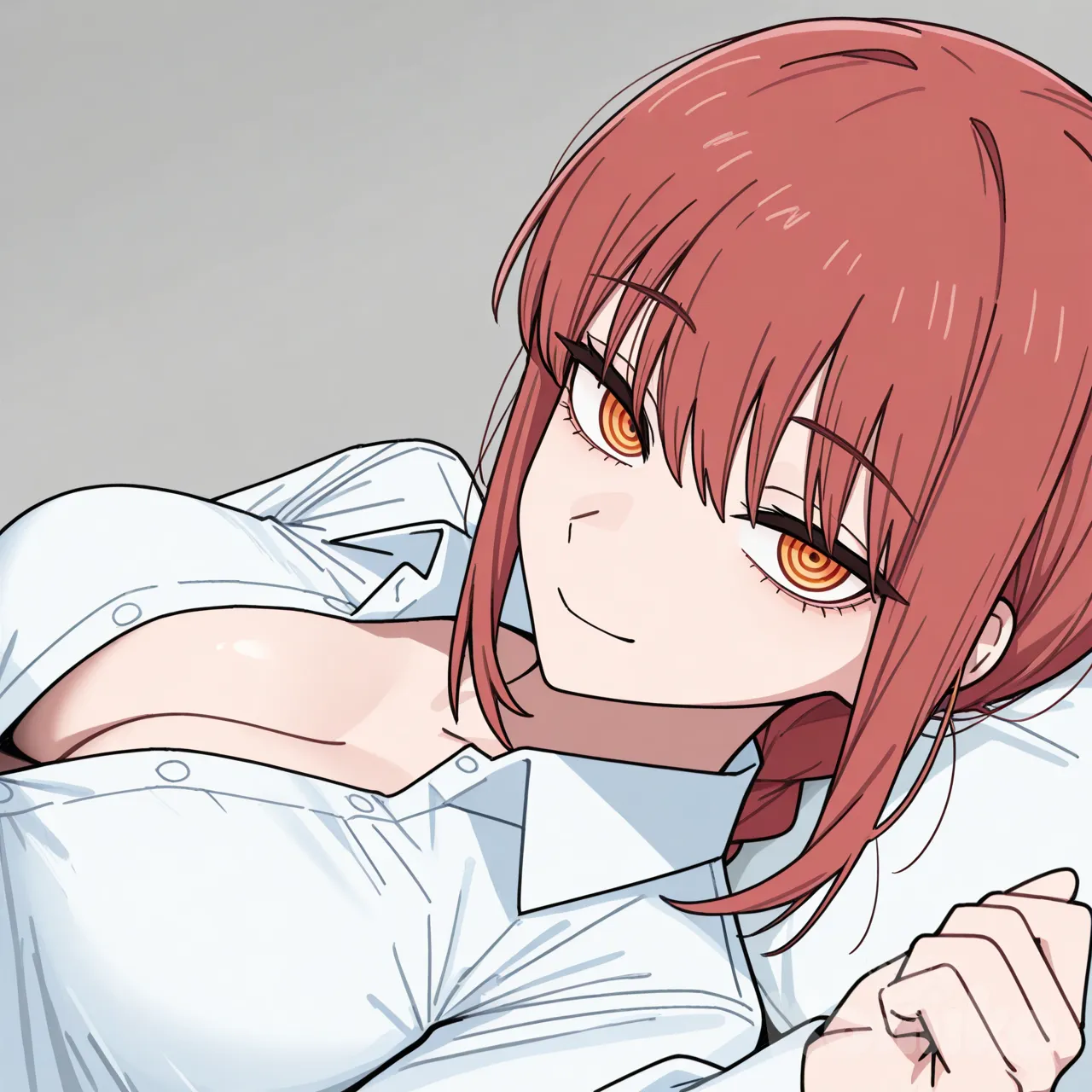 makima (chainsaw man), lying, Half-unbuttoned shirt, [toon-shaded-style]