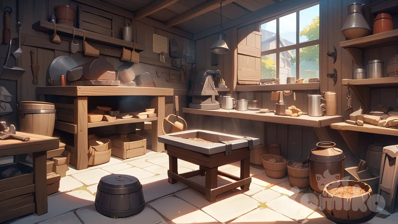 A cartoon version of a blacksmith's workroom, with a forge, billows, anvil, and wares displayed for sale