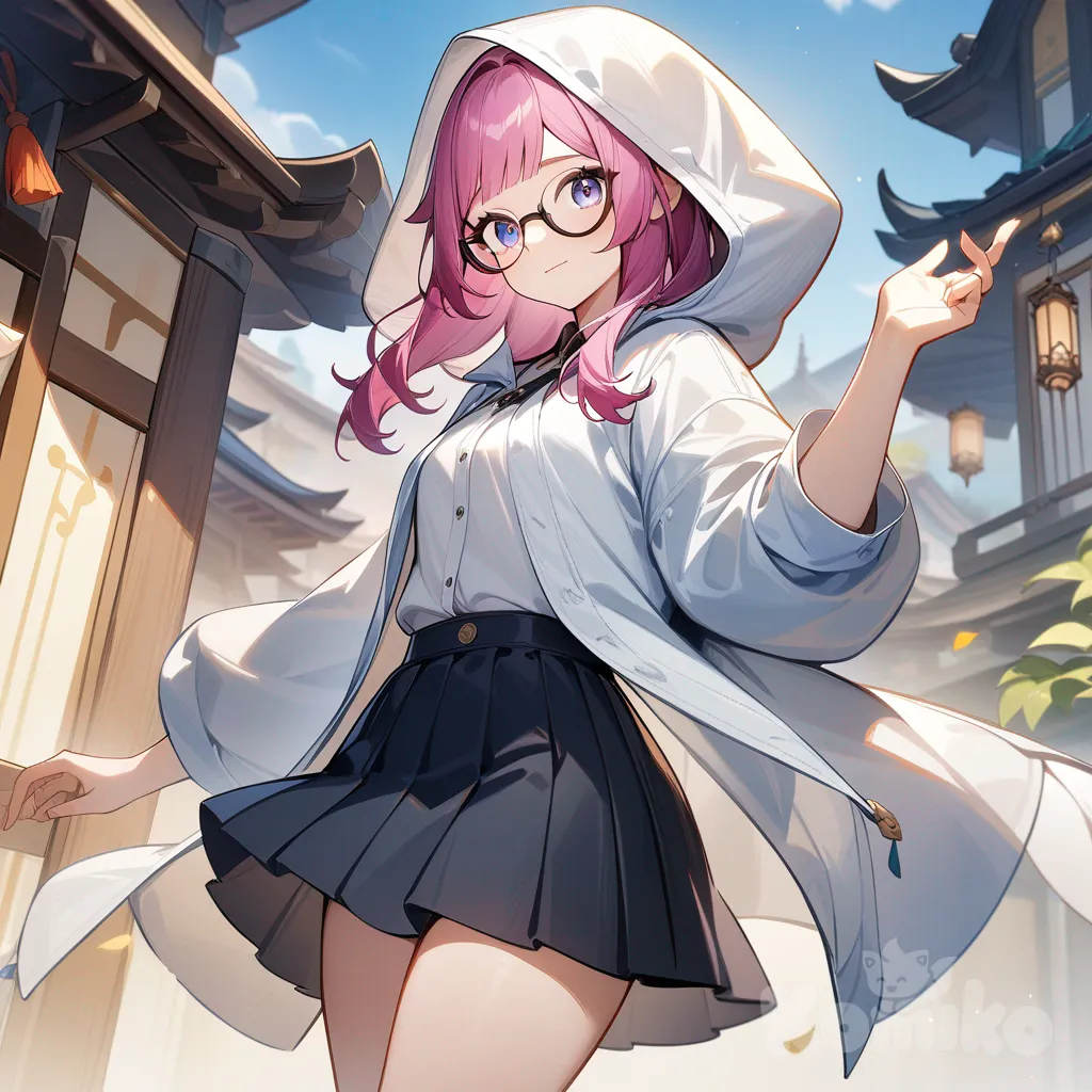 1girl, Genshin Impact style, original character in the world of Genshin Impact, raincoat, pleated skirt, glasses, straight bangs, fuchsia