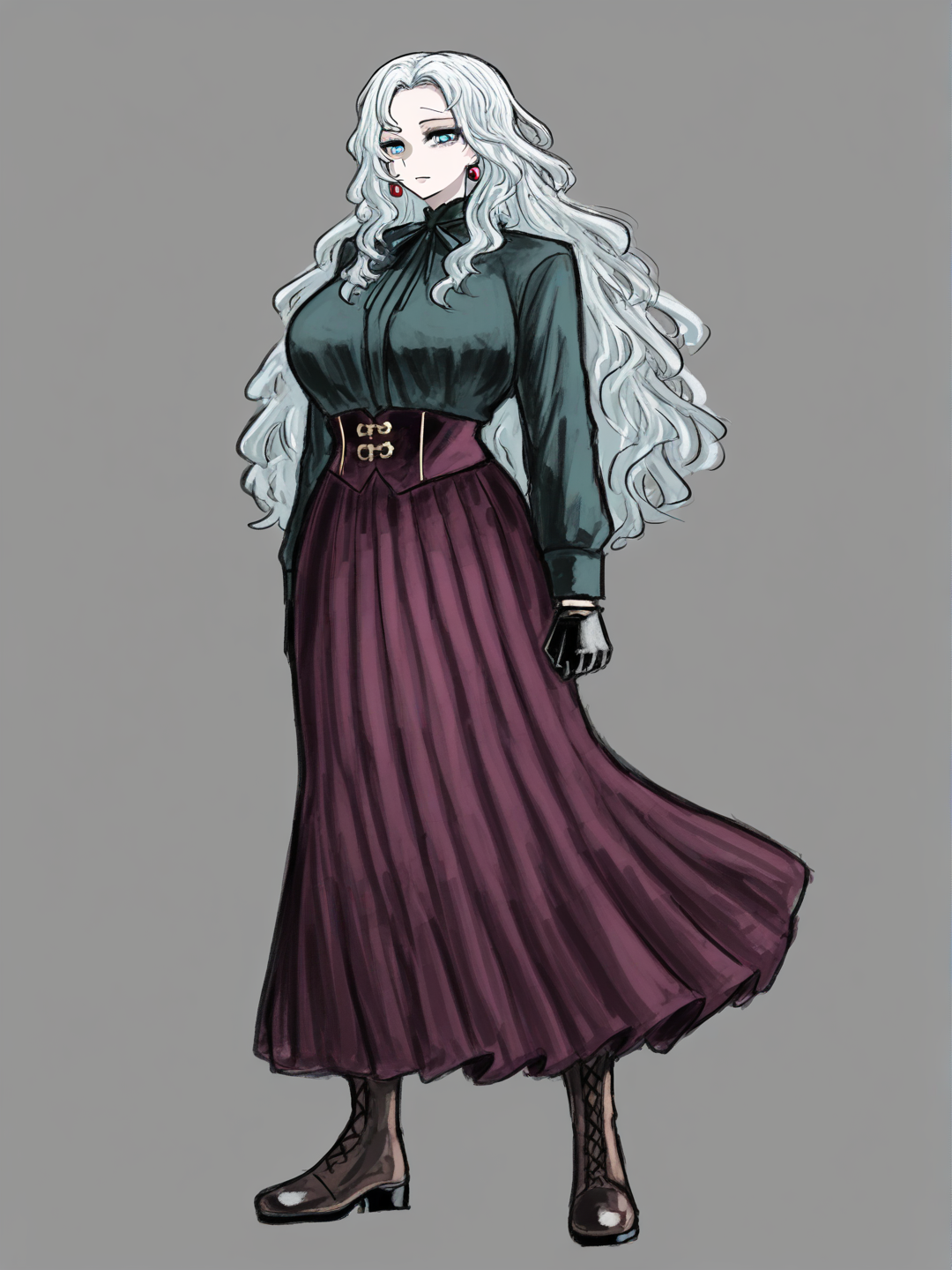 [sketchy-painterly-style] 1girl, mature, tall, wavy_hair, long_hair, white_hair, blue-gray_eyes, fair_skin, dark_green_shirt, burgundy_velvet_long_skirt, brown_boots, earrings, black_glove_on_left_hand, pastel_colors, single character, full body, looking at viewer, anime style, simple background, white background