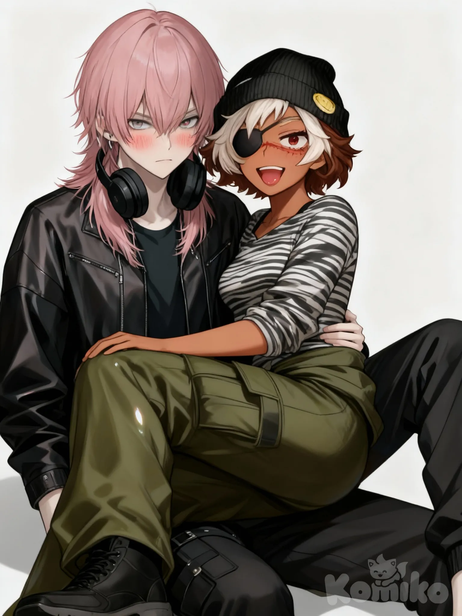 1boy, 1girl, 2people, the white-brown haired girl is sitting on the pink haired boy's lap, the boy's face is looks serious , but he's blushing, while the girl is smiling provocatively at him., [semi-realistic-portrait-style]