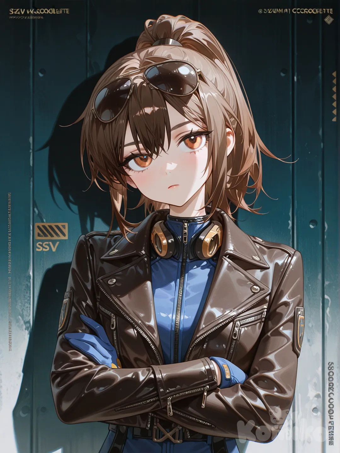 1girl, [high-gloss-illustration-style], crossed arms, head tilt, expressionless, leather jacket, pilot suit, brown hair, high ponytail, aviator sunglasses