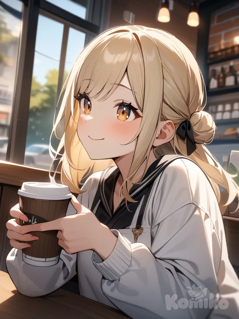 1girl, 18 year old, holding cup, smile, cafe, bun, blonde hair, hazel eyes, curtain bangs