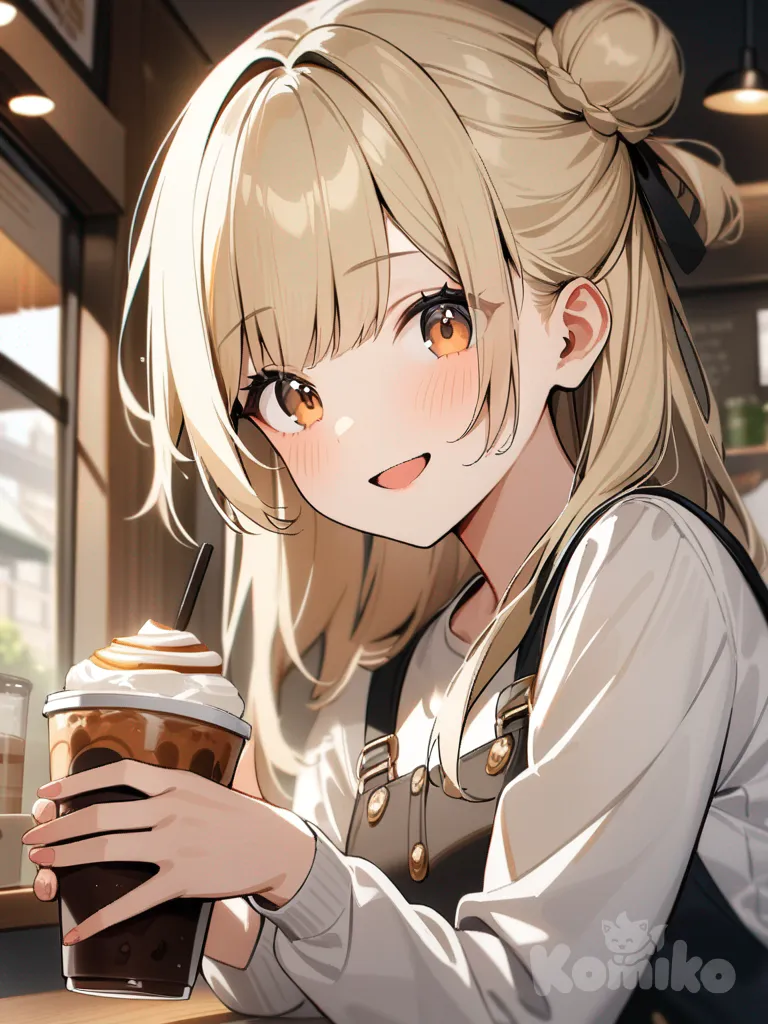 1girl, 18 year old, holding cup, smile, cafe, bun, blonde hair, brown highlights, hazel eyes, curtain bangs