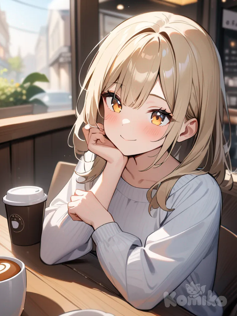 1girl, 18 year old, holding cup, smile, cafe, bun, blonde hair, hazel eyes, curtain bangs