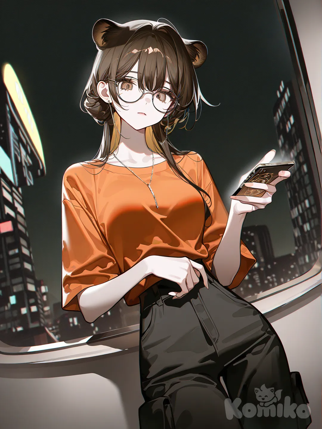 1girl, [high-contrast-glossy-style], looking at phone, orange t-shirt, black cargo pants, necklace, glasses, lion ears, long brown hair, brown eyes, pale skin, night, leo zodiac background, breasts