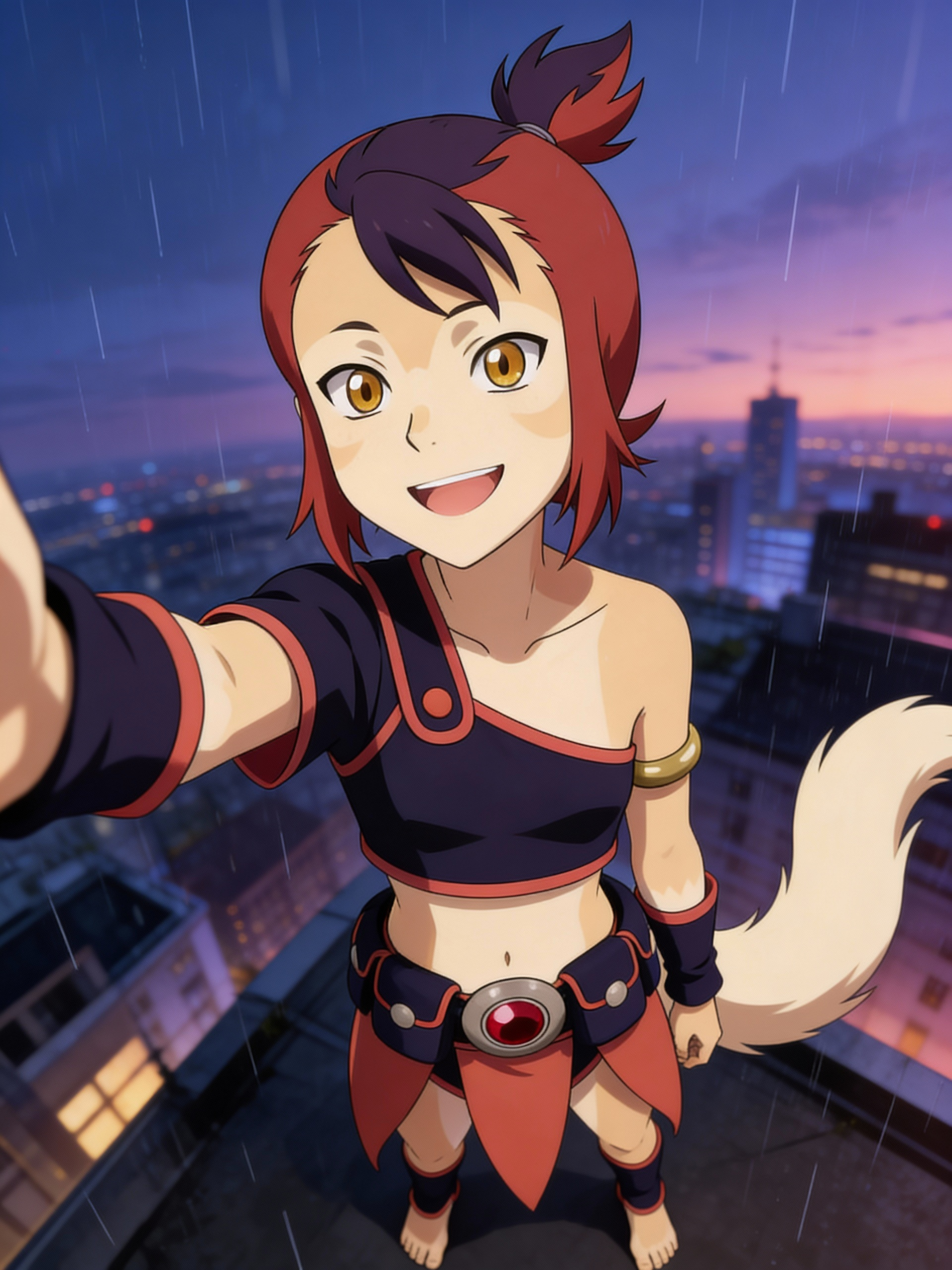 @wilykit-g0qC, selfie, smile, upper body, twilight, cityscape, rainy