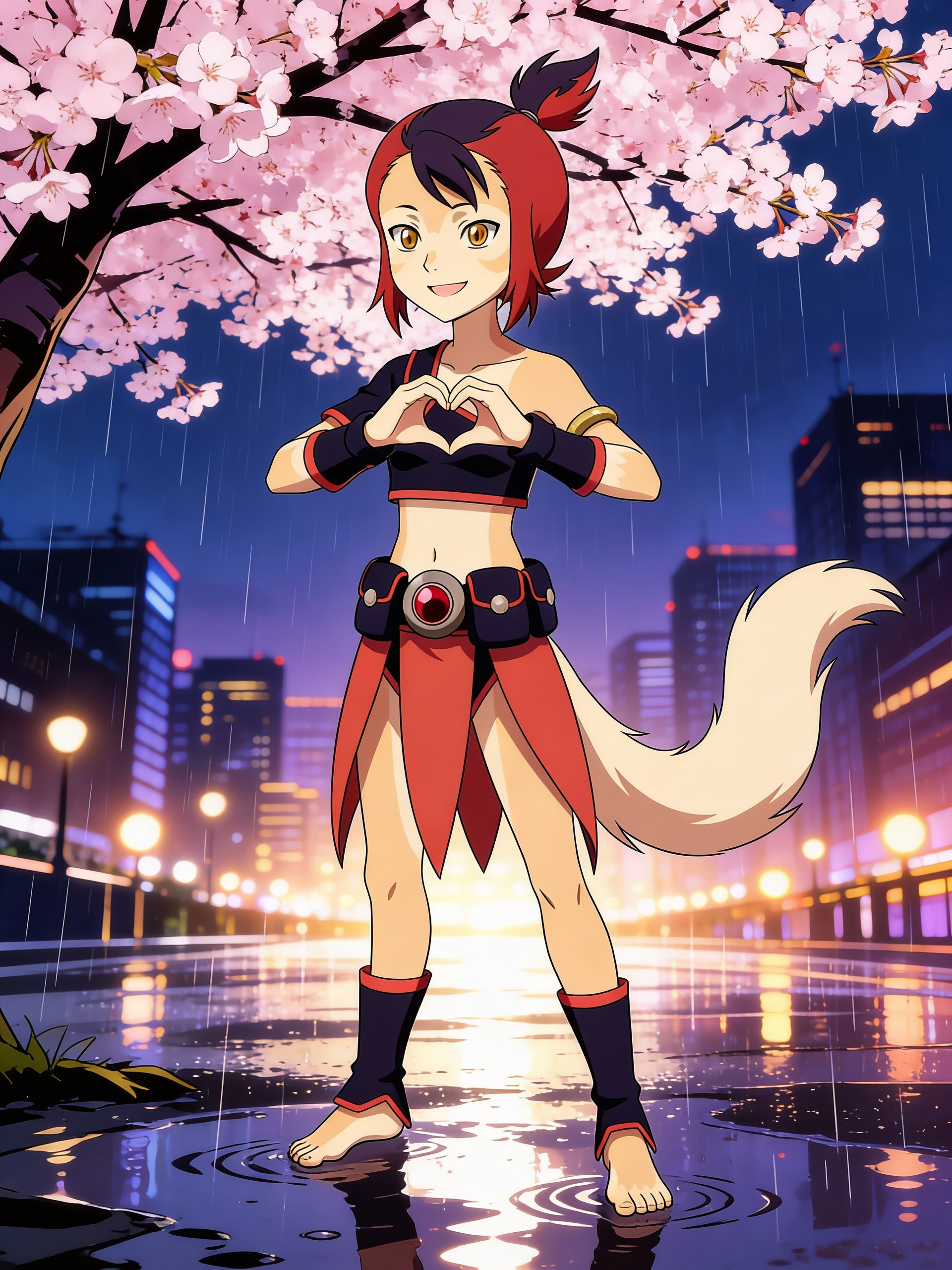 @wilykit-g0qC, heart hands, smile, looking at viewer, front angle, full body, backlight, city lights, cinematic lighting, twilight, cityscape, Sakura tree, standing under Sakura tree, raining, puddle reflections, [pop-anime-style]
