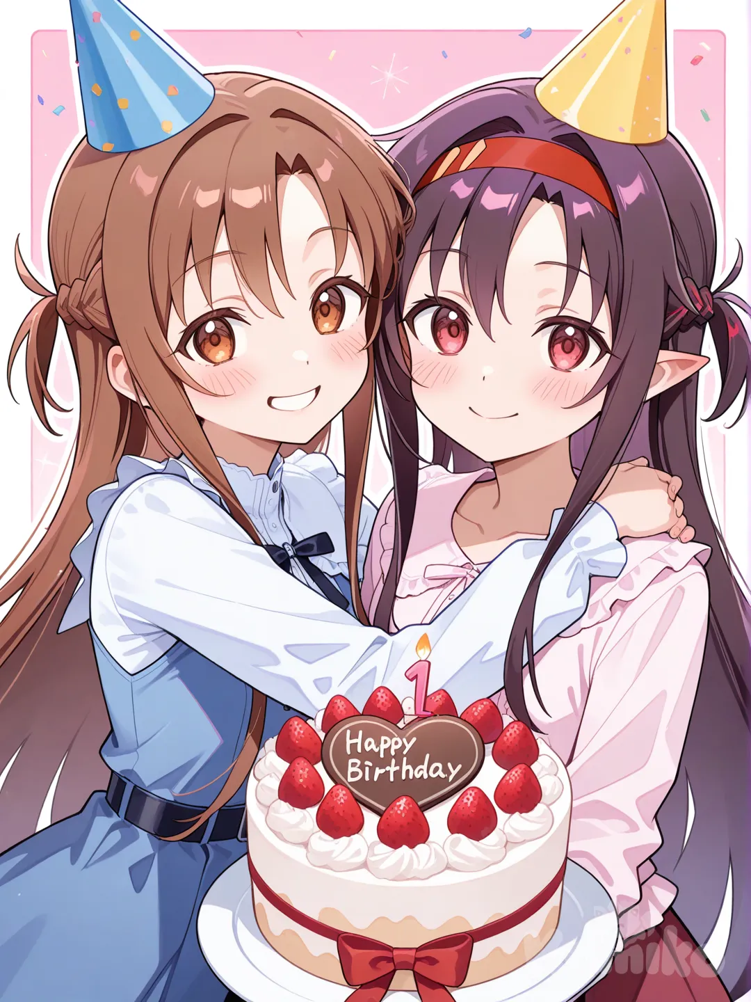 asuna (sao), yuuki (sao), hug, happy birthday