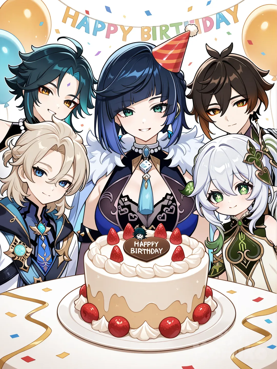 xiao (genshin impact), yelan (genshin impact), nahida (genshin impact), zhongli (genshin impact), venti (genshin impact), eula (genshin impact), albedo (genshin impact), happy birthday