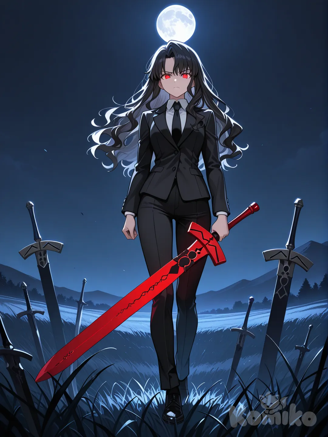 Asian girl with wavy black hair, very . Has bright ruby ​​red eyes. Wearing a very neat white shirt, black tie, and black suit with matching pants. Standing holding a red great sword. Serious expression. Background view of grass at night with moonlight softly illuminating it. Frontal view. Very . Best work. Fate Stay Night