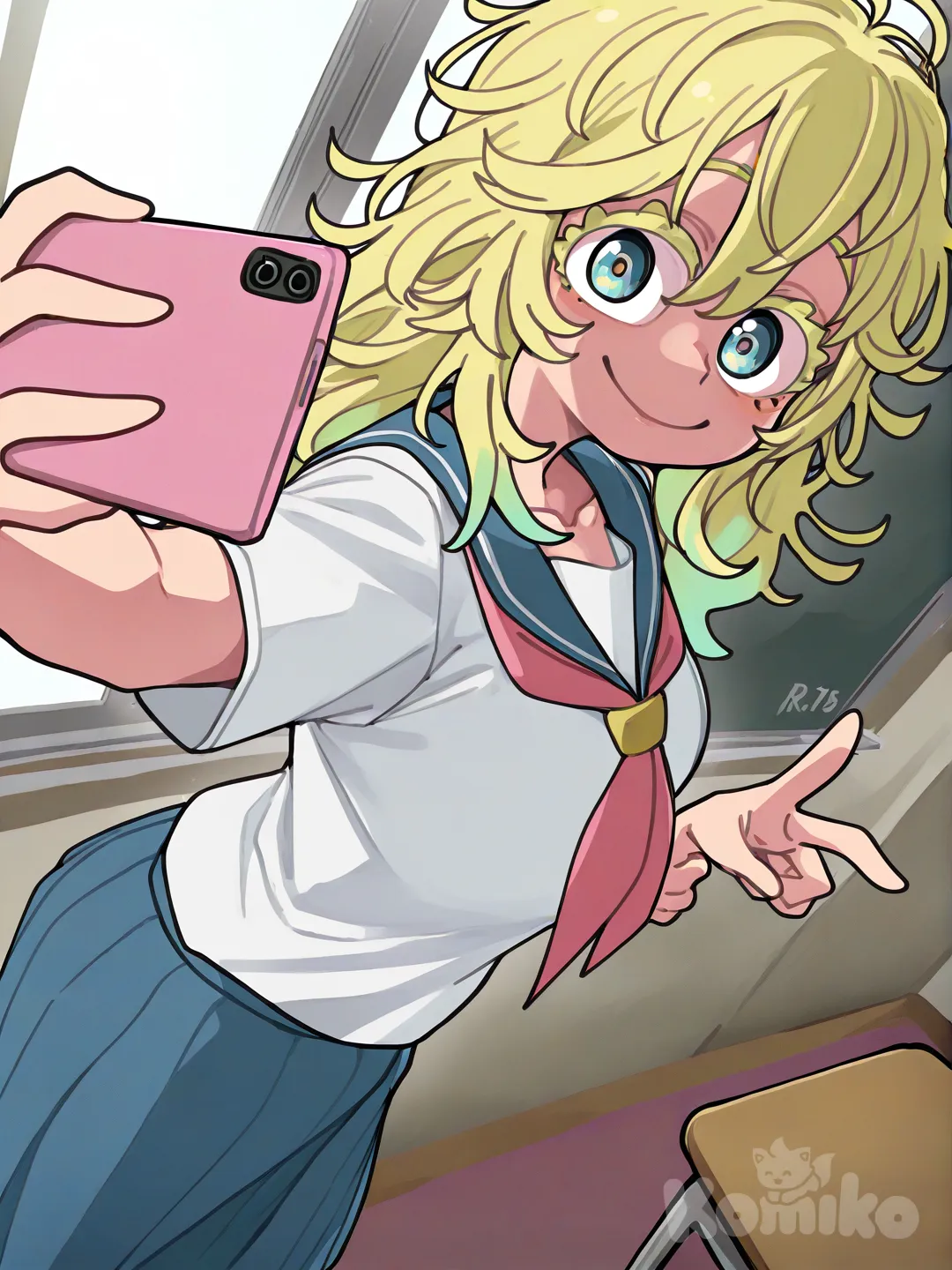 1girl, Hagakure Tooru, [clean-lines-style], selfie, t-shirt, blonde hair, school uniform, classroom