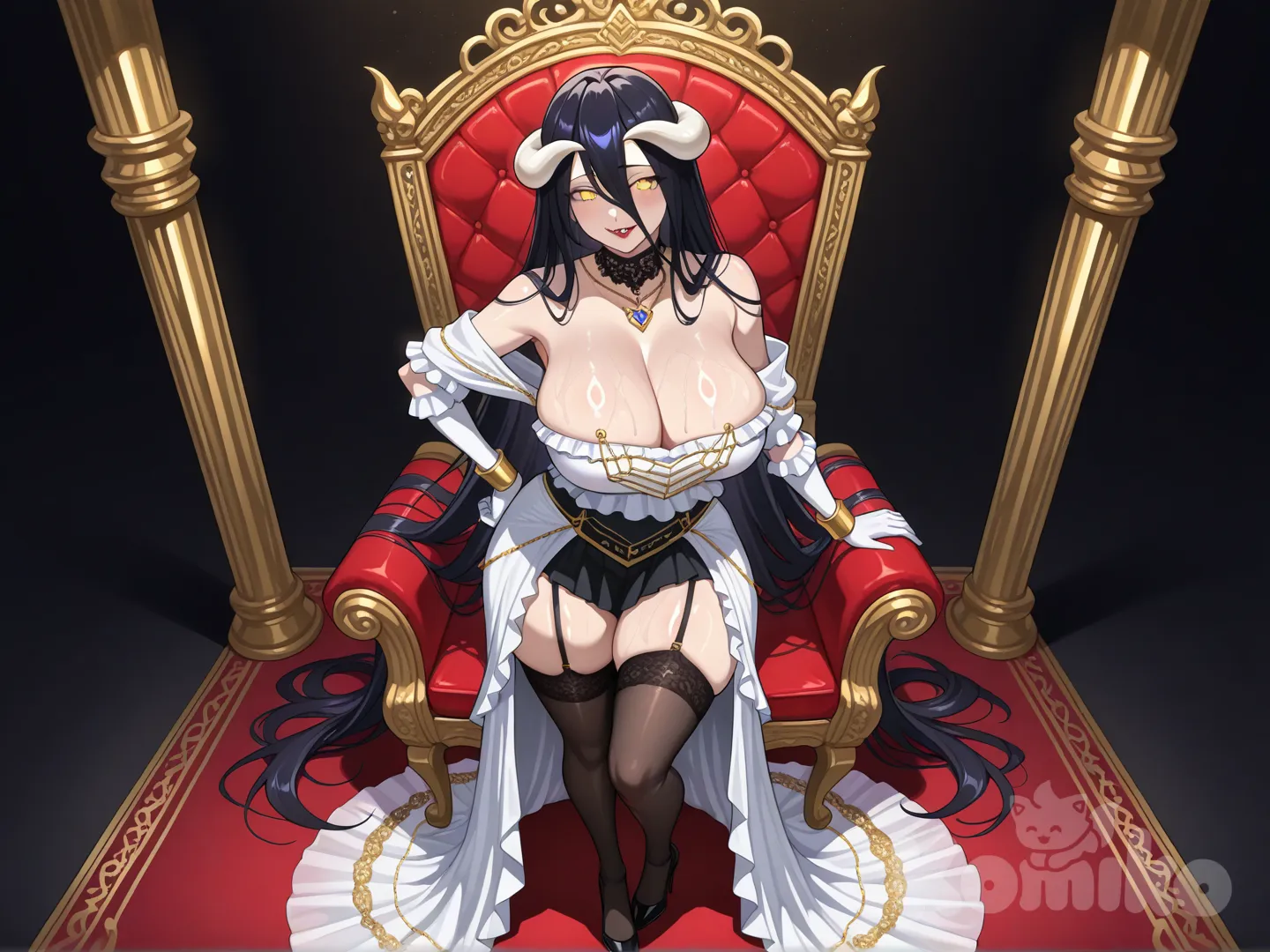 ultra-hyper-realistic anime rendering in exact Madhouse studio style from Overlord season 1: crisp cel-shading with smooth glossy gradients, sharp black outlines, vibrant dark fantasy color palette with exaggerated shines and highlights, expressive anime proportions amplified for seduction. Full body front view of canonical Albedo standing confidently tall and poised, feet shoulder-width apart for balance, one hand elegantly on hip and the other relaxed at side, gazing directly at viewer with a gentle yet seductive smile revealing subtle sharp fangs, mature alluring super MILF expression with hypnotic charm and subtle mischief in her eyes. Exact appearance: flawless pale white skin with glossy ethereal glow and shiny highlights as if oiled for exaggerated artistic shine, very long straight silky black hair cascading to mid-thighs with individual glossy strands reflecting light, two large symmetrical curved white horns protruding from forehead arching gracefully backward with shiny surfaces, piercing golden yellow eyes with vertical slit pupils glowing sultrily, high defined cheekbones, full plump glossy red lips, delicate mature face with super MILF beauty. No wings visible, pure succubus guardian form. Hyper-exaggerated feminine hourglass figure for maximum seduction: impossibly slim narrow cinched waist like a corset for extreme contrast, extremely massive hyper-voluptuous breasts (enormous exaggerated size, perfectly round gravity-defying orbs larger than her head each, heavily straining and overflowing the deep V-neckline with massive glossy cleavage, sideboob, and underboob hints spilling out shinily), very wide flaring hips curving dramatically outward, massive plump round firm great buttocks with exaggerated shiny curves and jiggle potential visible from front through dress contours, long slender yet toned legs with thick muscular thighs that are voluptuously thick and glossy, overall body covered in artistic shiny gloss for exaggerated anime appeal. Wearing exact signature white gothic lolita dress: glossy silk-like form-fitting fabric with intricate black lace trimmings, golden embroidery and shiny accents, deep plunging V-neckline exposing vast glossy cleavage, off-shoulder short puffed sleeves with golden feather-like shiny ornaments on shoulders, long white opera gloves extending to upper arms with golden shiny cuffs, black choker necklace with golden pendant gleaming, flared knee-length skirt with layered frills and black underskirt adding volume and shine, black thigh-high stockings with garters hugging thick thighs glossily, high-heeled black shoes with shiny buckles. Intricate high-res details: glossy fabric textures with realistic folds and sheen, delicate lace patterns without distortion, golden threads reflecting light brilliantly, individual hair strands with gloss, subtle skin shine and vein details on pale glossy skin, eye reflections with light sparkles, no artifacts or inconsistencies. Soft dramatic volumetric lighting from above and front enhancing glossy shines on body curves, casting gentle shadows under massive bust, along wide hips, thick thighs, and great buttocks for depth and exaggeration, clean neutral dark throne room background with subtle misty glow to focus solely on her shiny figure, 8k resolution, perfect full body composition.