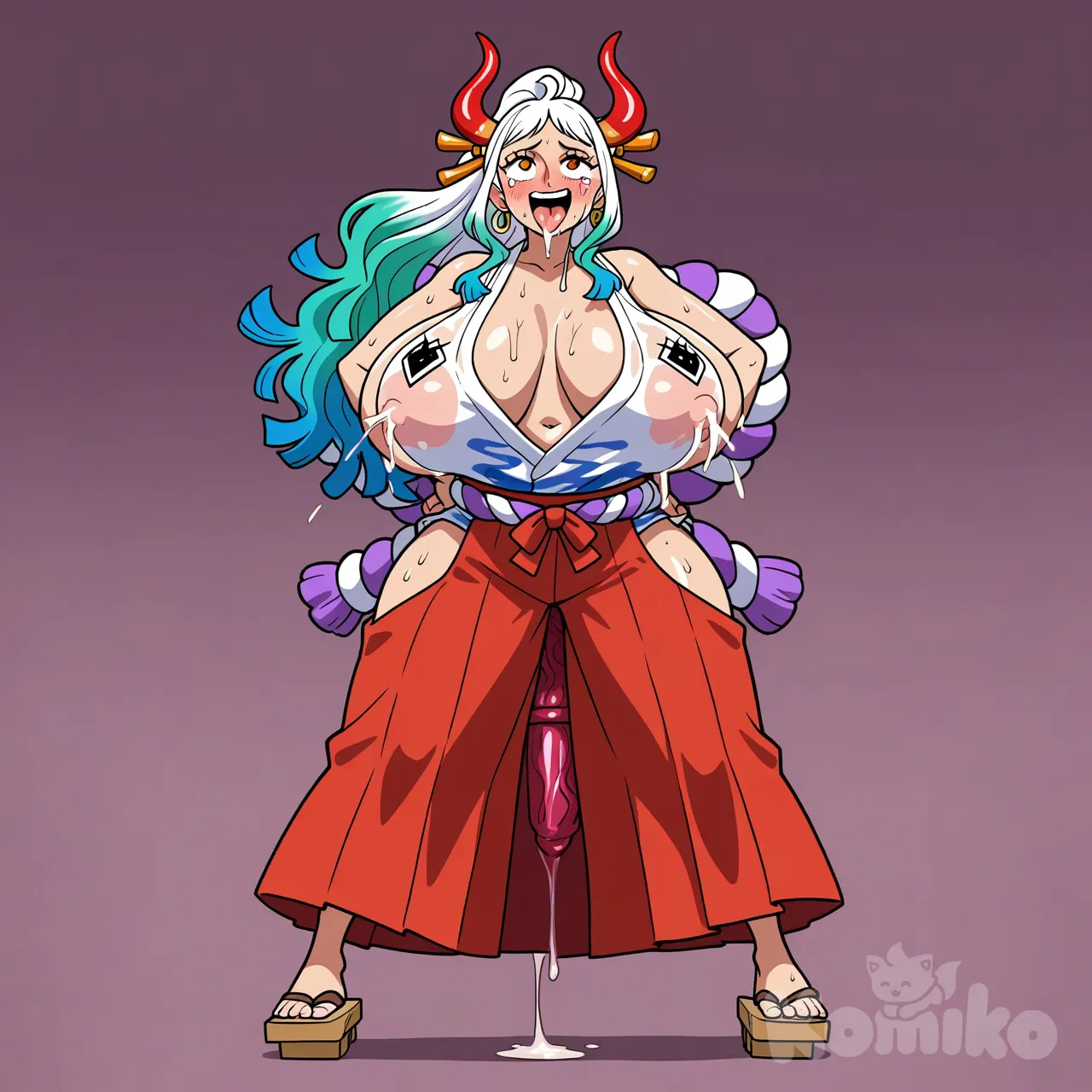 A highly anime-style digital illustration of Yamato from One Piece, depicted as an extraordinarily tall, voluptuous female oni character standing at 263 cm with wildly exaggerated hyper-feminine proportions that emphasize her immense height and overwhelming sensual presence, radiating intense super-MILF erotic maturity, seductive confidence, and maternal allure in a full-body frontal view. She stands completely from head to toe, filling the entire frame vertically to showcase her towering stature, legs spread slightly wider than shoulder-width for a stable yet provocative pose that exposes her intimate areas subtly through clinging fabric, arms relaxed with elbows slightly bent and hands gently pressing against her upper thighs as if teasingly spreading or inviting touch while her body quivers in visible ecstasy, body arched subtly backward to thrust her colossal bust forward and hips outward in blatant erotic invitation, her overall pose radiating unbridled sexual desire, playful dominance, and orgasmic aftershocks with subtle muscle twitches and fluid drips.

The art style is ultra-polished digital anime with hyper-realistic rendering, seamless cel-shading blended with soft airbrush gradients for extreme voluptuous volume, vibrant saturated colors, fine variable-thickness black outlines thicker on outer curves for dramatic emphasis, and an intensely glossy, drenched-in-sweat texture covering every inch of skin and clothing to evoke extreme heat, exertion, and peak sexual arousal, featuring abundant elongated white specular highlights, hundreds of individual oval-shaped sweat droplets with long trailing tails, internal shines, refractive distortions, and faint cast shadows scattered over 80% of all visible surfaces, with heavy pooling, dripping, and explicit blending with arousal fluids, saliva, and milky secretions in the most intimate erotic areas for amplified sensuality and raw carnality.

Head and facial features in ultra-high detail and perfect clarity, ensuring sharp resolution, crisp lines, and intricate rendering to avoid any blur or deformation: Oval face with ultra-soft, perfectly symmetrical feminine contours, high defined cheekbones with subtle soft shading for depth, smooth mature jawline with gentle curve and flawless skin texture exuding seasoned seductive beauty and super-MILF charm. Hair long, thick, and luxurious with every strand individually pure white at roots gradually fading to vibrant aqua green then deep sapphire blue at the tips, tied in a high wild ponytail with two crossed orange rod-like accessories sharply rendered, cascading dynamically down to mid-thigh level in thick rectangular-ended strands with glossy waves, individual hair highlights, and bright white specular strands for maximum definition. Two large, prominent oni horns curve upward symmetrically from the top of her head with razor-sharp edges and perfect gradients, predominantly crimson red fading smoothly to flesh tone at the base, highly polished surfaces with veining, micro-reflections, and erotic highlights that suggest phallic symbolism. Eyes in exquisite hyper-focus: oversized and hypnotic, fiery orange with thick individually drawn curled black lashes, perfectly round dilated pupils throbbing with lust, intricate multi-layered glowing amber-orange iris details with golden flecks, radial patterns, and catchlights for lifelike depth, gazing directly at the viewer with a sultry mix of shy excitement and knowing seduction laced with raw hunger, thin arched black eyebrows with individual hairs raised coyly, multiple realistic sweat-tears trailing from inner corners mixing with flushed arousal. Nose petite, straight, and refined with glossy tip, subtle nostril shading, and delicate bridge lines flaring as if panting in heat. Mouth in extreme close-up-level detail: plump, glossy rosy-pink lips parted in a breathy moan of ecstasy with visible lip texture and fine wrinkles, lower lip fuller and lightly bitten with subtle teeth indentation marks, bright white highlight simulating saliva and drool with realistic viscosity, substantial drool trails cascading from corners and chin with stringy connections blending into neck sweat, hint of wet tongue extended provocatively with surface texture, saliva sheen, and subtle piercing glint for heightened sensuality and invitation. Ears elegantly shaped and partially visible with crisp cartilage details, each with a large golden hoop earring rendered with metallic shine and subtle motion blur on the swing. Forehead broad and flawless with visible pore-less skin texture under gloss, pale beige skin intensely glossy with individually placed dripping sweat beads and subtle arousal flush spreading like a feverish glow. Entire face flushed with deep crimson blush gradient across cheeks, lips, earlobes, and spreading to the neck for heated, orgasmic glow, fine mature laugh lines at eye corners precisely etched and deepened by pleasure expression, profuse sweat and mixed fluids covering every facial surface with sharp droplet edges for a glistening, post-climactic erotic sheen, all facial elements rendered in maximum resolution and detail for absolute clarity and beauty.

Neck long, graceful, and sensually arched, flowing into broad yet softly rounded shoulders, subtle pulsing veins shaded only for erotic tension and heightened blood flow, skin pale and mirror-glossy with cascades of sweat droplets pooling and dripping downward, blending with trails of saliva from her mouth for added intimate messiness and erotic sloppiness.

Torso in extreme erotic hourglass silhouette scaled to her gigantic height: Shoulders broad yet femininely soft, leading to an astronomically massive bust that completely dominates the composition with super-MILF proportions, each breast hyper-spherical and utterly gargantuan — visually larger than massive watermelons, several times the width of her head — buoyant yet heavily sagging under their own weight with deep shadowed undersides and soft jiggle wrinkles implying constant erotic motion and bouncy overflow, covered by her signature white sleeveless top with diamond patterns stretched to near-ripping transparency from sweat and arousal, fabric clinging like a second skin with extreme radial tension wrinkles and visible veins beneath, prominent erect nipple outlines throbbing visibly and visible areola hints through the soaked material with textured bumps, substantial milky wetness and lactation-like seepage dripping through the fabric in visible streams for intense maternal eroticism, ultra-deep sweat-filled cleavage overflowing with pooled beads, rivulets, and mixed fluids cascading downward in erotic streams that trail to the abdomen. Low plunging neckline exposing vast glistening skin with visible hickey-like flush marks and bite impressions, glossy highlights on every curve pulsing with implied heartbeat and quivering flesh. Abdomen perfectly flat, smooth, and soft with no relief or contours beyond gentle feminine roundness and subtle quivering from arousal, deep inviting oval navel fully exposed and filled with pooled sweat mixed with milky drops, sweat rivers and arousal trails tracing sensual paths across flawless pale skin, with faint handprint-like reddening and scratch marks for added erotic narrative of rough play. Waist impossibly narrow and cinched to under 15% of bust/hip width for insane fertile contrast, ultra-smooth and soft with subtle trembling and visible goosebumps from overstimulation, exploding outward into massively wide hips over 2.5 times shoulder width, creating an ultra-thicc erotic silhouette with hyper-prominent soft gluteal curves visible even frontally, dimpled, flushed, and marked with subtle spanking welts.

Lower body: Hips flare dramatically, indigo lower section of top with volute patterns transitioning into red hakama-style pants that billow softly at lower legs but cling erotically to hips and upper thighs due to heavy sweat and arousal, fabric semi-transparent with wet patches outlining every soft curve, subtle labial contours swollen and visible, and visible wetness seeping through in dark stains for blatant sexual implication and squirting hints. Gluteals hyper-plush and rounded, pants straining softly over their volume with implied spanking-reddened flush peeking through tears in fabric, and from her anus protrudes a gigantic Bad Dragon-style dildo as an enormous, hyper-fantasy toy shaped like a dragon's phallus protruding directly outward and downward — scaled in iridescent crimson and gold with bulging veined ridges, flared head, massive knotted bulge at the base locked inside, and glowing tip dripping with fluids, measuring visually over her full thigh length for extreme erotic exaggeration, hanging heavily downward between her legs with realistic sway and stretch marks around the insertion point, the visible exposed length glistening with arousal lubricants and subtle vibrations implied. Thighs massively thick and plush with extreme soft overflow where they meet, zero thigh gap, inner thighs drenched in glossy sweat with heavy droplet overload, pooling, and visible arousal fluids blending seamlessly and dripping from the dildo, bright reflections highlighting slick, slippery textures especially near the crotch area where fabric darkens from saturation and stretches around the insertion, suggesting intense inner heat, fullness, and readiness with subtle bulging. Knees softly rounded, calves long and smoothly feminine, ankles delicate with subtle anklet-like sweat rings. Feet large and proportional to her height, planted firmly, wearing traditional wooden geta sandals with red straps wrapping sensually around arches, toes long and elegant with short natural nails curled slightly in pleasure, skin glistening with sweat and mixed droplets trailing to the ground.

Arms elongated and gracefully soft, completely smooth and feminine with no visible relief, skin pale and hyper-glossy, covered in dripping sweat and subtle erotic oil-like sheen, hands pressing into thighs with nails leaving faint crescent marks on skin, palms inward showing flushed arousal and sticky residues.

Overall skin: Uniform pale beige with warm mature glow, absolutely flawless, soft, and perfectly smooth everywhere, rendered with ultra-soft gradients for hypnotic voluptuous roundness and extreme glossy drenched effect — thousands of sweat droplets with long tails dripping sensually, pooling heavily in cleavage, navel, inner thighs, under breasts, along horns, around the dildo insertion, and blending with arousal fluids, saliva trails, milky secretions, and lubricant drips for a fully soaked, overheated state of mature sexual ecstasy and invitation, with visible stretch marks, flush zones, and quivering textures for added realism.

Clothing eroticized: White sleeveless top obscenely stretched and semi-transparent from sweat and fluids with visible rips at seams, indigo section clinging wetly with visible damp spots and tears, red hakama pants loose below but molded to hips/thighs with hyper-transparent wet areas revealing skin, erotic outlines, and the dildo base bulge, purple-and-white nio-dasuki rope harness crossing chest and back framing and lifting the bust with slight soft skin indentation, friction-reddening, and rope burns for bondage-like allure, all fabrics textured with deep folds, movement wrinkles, hyper-clingy wetness mixed with subtle stains and fluid soaks. Golden hoop earrings only accessory, swaying with implied rhythmic motion.

Pose: Full-body frontal, head tilted slightly down for intimate towering gaze heavy with lust, body arched backward to aggressively present bust and hips, legs long and straight with subtle quivering and fluid drips from the dildo, entire colossal soft-curved figure centered perfectly from toes to horn tips, no cropping, the protruding dildo positioned prominently between legs for direct erotic focus and dangling visibility.

Art style: Hyper-ecchi/hentai-infused anime illustration, seamless cel-shading and airbrush, vibrant colors, meticulous detail in hair, fabric, skin gloss, every droplet, ridge on the dildo, fluid texture, and insertion stretch — especially ultra-sharp, high-resolution focus on the entire face and head area with maximum line precision and detail density to ensure perfect clarity and no blur or deformation — aggressive foreshortening projecting bust, hips, and protruding dildo toward viewer for immersive sensuality, pure neutral background to focus entirely on her exaggerated, soft, mature, hyper-erotic form. Proportions wildly hyperbolic: bust-to-waist-to-hip ratio approximately 90-15-90 visually, height rendered with extreme limb/torso elongation for true 263 cm towering presence, blending Yamato's canonical oni traits with ultimate soft feminine super-MILF eroticism and explicit toy integration., [bright-anime-style]