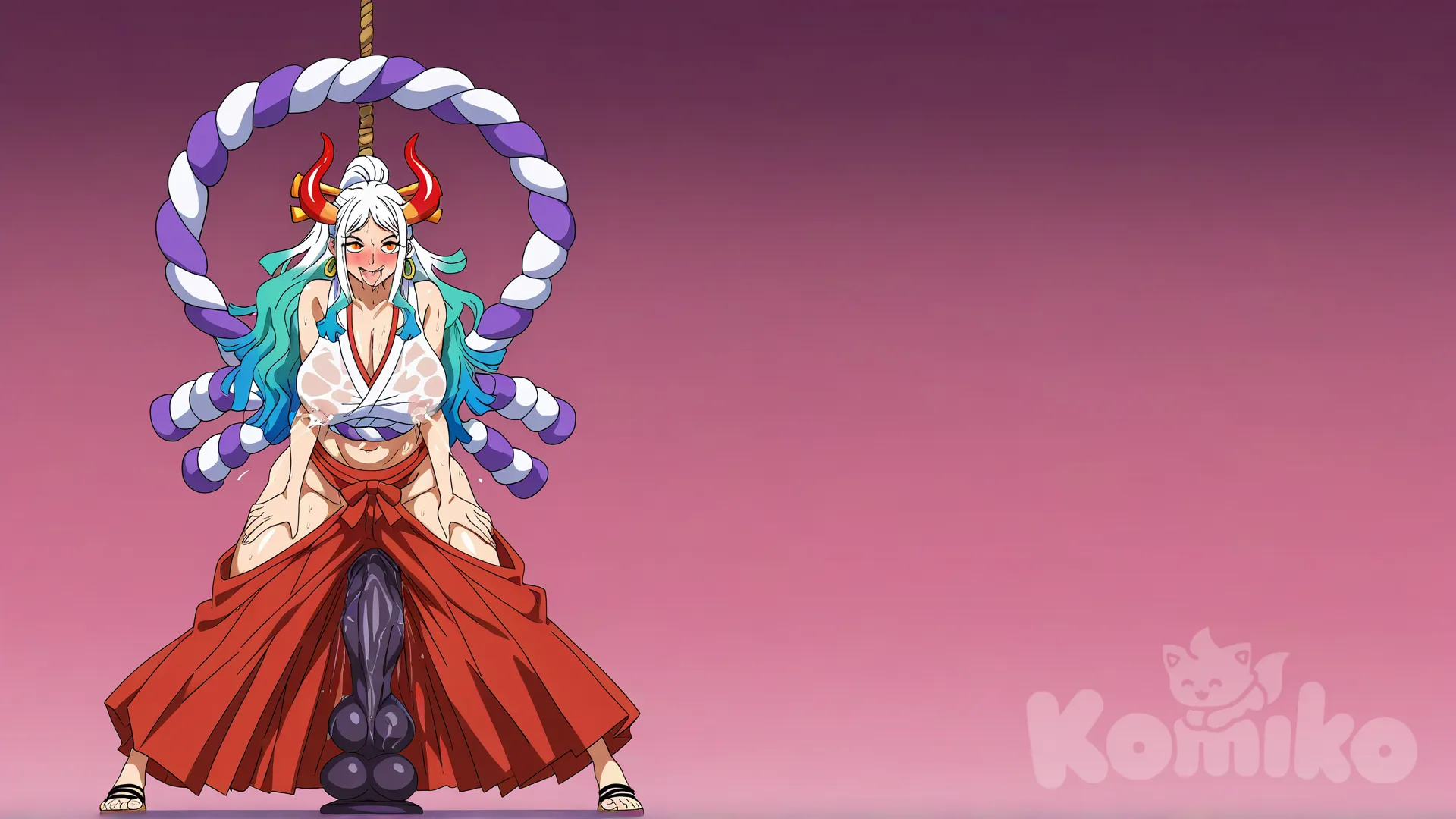 A highly anime-style digital illustration of Yamato from One Piece, depicted as an extraordinarily tall, voluptuous female oni character standing at 263 cm with wildly exaggerated hyper-feminine proportions that emphasize her immense height and overwhelming sensual presence, radiating intense super-MILF erotic maturity, seductive confidence, and maternal allure in a full-body frontal view. She stands completely from head to toe, filling the entire frame vertically to showcase her towering stature, legs spread slightly wider than shoulder-width for a stable yet provocative pose that exposes her intimate areas subtly through clinging fabric, arms relaxed with elbows slightly bent and hands gently pressing against her upper thighs as if teasingly spreading or inviting touch while her body quivers in visible ecstasy, body arched subtly backward to thrust her colossal bust forward and hips outward in blatant erotic invitation, her overall pose radiating unbridled sexual desire, playful dominance, and orgasmic aftershocks with subtle muscle twitches and fluid drips.

The art style is ultra-polished digital anime with hyper-realistic rendering, seamless cel-shading blended with soft airbrush gradients for extreme voluptuous volume, vibrant saturated colors, fine variable-thickness black outlines thicker on outer curves for dramatic emphasis, and an intensely glossy, drenched-in-sweat texture covering every inch of skin and clothing to evoke extreme heat, exertion, and peak sexual arousal, featuring abundant elongated white specular highlights, hundreds of individual oval-shaped sweat droplets with long trailing tails, internal shines, refractive distortions, and faint cast shadows scattered over 80% of all visible surfaces, with heavy pooling, dripping, and explicit blending with arousal fluids, saliva, and milky secretions in the most intimate erotic areas for amplified sensuality and raw carnality.

Head and facial features in ultra-high detail and perfect clarity, ensuring sharp resolution, crisp lines, and intricate rendering to avoid any blur or deformation: Oval face with ultra-soft, perfectly symmetrical feminine contours, high defined cheekbones with subtle soft shading for depth, smooth mature jawline with gentle curve and flawless skin texture exuding seasoned seductive beauty and super-MILF charm. Hair long, thick, and luxurious with every strand individually pure white at roots gradually fading to vibrant aqua green then deep sapphire blue at the tips, tied in a high wild ponytail with two crossed orange rod-like accessories sharply rendered, cascading dynamically down to mid-thigh level in thick rectangular-ended strands with glossy waves, individual hair highlights, and bright white specular strands for maximum definition. Two large, prominent oni horns curve upward symmetrically from the top of her head with razor-sharp edges and perfect gradients, predominantly crimson red fading smoothly to flesh tone at the base, highly polished surfaces with veining, micro-reflections, and erotic highlights that suggest phallic symbolism. Eyes in exquisite hyper-focus: oversized and hypnotic, fiery orange with thick individually drawn curled black lashes, perfectly round dilated pupils throbbing with lust, intricate multi-layered glowing amber-orange iris details with golden flecks, radial patterns, and catchlights for lifelike depth, gazing directly at the viewer with a sultry mix of shy excitement and knowing seduction laced with raw hunger, thin arched black eyebrows with individual hairs raised coyly, multiple realistic sweat-tears trailing from inner corners mixing with flushed arousal. Nose petite, straight, and refined with glossy tip, subtle nostril shading, and delicate bridge lines flaring as if panting in heat. Mouth in extreme close-up-level detail: plump, glossy rosy-pink lips parted in a breathy moan of ecstasy with visible lip texture and fine wrinkles, lower lip fuller and lightly bitten with subtle teeth indentation marks, bright white highlight simulating saliva and drool with realistic viscosity, substantial drool trails cascading from corners and chin with stringy connections blending into neck sweat, hint of wet tongue extended provocatively with surface texture, saliva sheen, and subtle piercing glint for heightened sensuality and invitation. Ears elegantly shaped and partially visible with crisp cartilage details, each with a large golden hoop earring rendered with metallic shine and subtle motion blur on the swing. Forehead broad and flawless with visible pore-less skin texture under gloss, pale beige skin intensely glossy with individually placed dripping sweat beads and subtle arousal flush spreading like a feverish glow. Entire face flushed with deep crimson blush gradient across cheeks, lips, earlobes, and spreading to the neck for heated, orgasmic glow, fine mature laugh lines at eye corners precisely etched and deepened by pleasure expression, profuse sweat and mixed fluids covering every facial surface with sharp droplet edges for a glistening, post-climactic erotic sheen, all facial elements rendered in maximum resolution and detail for absolute clarity and beauty.

Neck long, graceful, and sensually arched, flowing into broad yet softly rounded shoulders, subtle pulsing veins shaded only for erotic tension and heightened blood flow, skin pale and mirror-glossy with cascades of sweat droplets pooling and dripping downward, blending with trails of saliva from her mouth for added intimate messiness and erotic sloppiness.

Torso in extreme erotic hourglass silhouette scaled to her gigantic height: Shoulders broad yet femininely soft, leading to an astronomically massive bust that completely dominates the composition with super-MILF proportions, each breast hyper-spherical and utterly gargantuan — visually larger than massive watermelons, several times the width of her head — buoyant yet heavily sagging under their own weight with deep shadowed undersides and soft jiggle wrinkles implying constant erotic motion and bouncy overflow, covered by her signature white sleeveless top with diamond patterns stretched to near-ripping transparency from sweat and arousal, fabric clinging like a second skin with extreme radial tension wrinkles and visible veins beneath, prominent erect nipple outlines throbbing visibly and visible areola hints through the soaked material with textured bumps, substantial milky wetness and lactation-like seepage dripping through the fabric in visible streams for intense maternal eroticism, ultra-deep sweat-filled cleavage overflowing with pooled beads, rivulets, and mixed fluids cascading downward in erotic streams that trail to the abdomen. Low plunging neckline exposing vast glistening skin with visible hickey-like flush marks and bite impressions, glossy highlights on every curve pulsing with implied heartbeat and quivering flesh. Abdomen perfectly flat, smooth, and soft with no relief or contours beyond gentle feminine roundness and subtle quivering from arousal, deep inviting oval navel fully exposed and filled with pooled sweat mixed with milky drops, sweat rivers and arousal trails tracing sensual paths across flawless pale skin, with faint handprint-like reddening and scratch marks for added erotic narrative of rough play. Waist impossibly narrow and cinched to under 15% of bust/hip width for insane fertile contrast, ultra-smooth and soft with subtle trembling and visible goosebumps from overstimulation, exploding outward into massively wide hips over 2.5 times shoulder width, creating an ultra-thicc erotic silhouette with hyper-prominent soft gluteal curves visible even frontally, dimpled, flushed, and marked with subtle spanking welts.

Lower body: Hips flare dramatically, indigo lower section of top with volute patterns transitioning into red hakama-style pants that billow softly at lower legs but cling erotically to hips and upper thighs due to heavy sweat and arousal, fabric semi-transparent with wet patches outlining every soft curve, subtle labial contours swollen and visible, and visible wetness seeping through in dark stains for blatant sexual implication and squirting hints. Gluteals hyper-plush and rounded, pants straining softly over their volume with implied spanking-reddened flush peeking through tears in fabric, and from her anus protrudes a gigantic Bad Dragon-style dildo as an enormous, hyper-fantasy toy shaped like a dragon's phallus protruding directly outward and downward — scaled in iridescent crimson and gold with bulging veined ridges, flared head, massive knotted bulge at the base locked inside, and glowing tip dripping with fluids, measuring visually over her full thigh length for extreme erotic exaggeration, hanging heavily downward between her legs with realistic sway and stretch marks around the insertion point, the visible exposed length glistening with arousal lubricants and subtle vibrations implied. Thighs massively thick and plush with extreme soft overflow where they meet, zero thigh gap, inner thighs drenched in glossy sweat with heavy droplet overload, pooling, and visible arousal fluids blending seamlessly and dripping from the dildo, bright reflections highlighting slick, slippery textures especially near the crotch area where fabric darkens from saturation and stretches around the insertion, suggesting intense inner heat, fullness, and readiness with subtle bulging. Knees softly rounded, calves long and smoothly feminine, ankles delicate with subtle anklet-like sweat rings. Feet large and proportional to her height, planted firmly, wearing traditional wooden geta sandals with red straps wrapping sensually around arches, toes long and elegant with short natural nails curled slightly in pleasure, skin glistening with sweat and mixed droplets trailing to the ground.

Arms elongated and gracefully soft, completely smooth and feminine with no visible relief, skin pale and hyper-glossy, covered in dripping sweat and subtle erotic oil-like sheen, hands pressing into thighs with nails leaving faint crescent marks on skin, palms inward showing flushed arousal and sticky residues.

Overall skin: Uniform pale beige with warm mature glow, absolutely flawless, soft, and perfectly smooth everywhere, rendered with ultra-soft gradients for hypnotic voluptuous roundness and extreme glossy drenched effect — thousands of sweat droplets with long tails dripping sensually, pooling heavily in cleavage, navel, inner thighs, under breasts, along horns, around the dildo insertion, and blending with arousal fluids, saliva trails, milky secretions, and lubricant drips for a fully soaked, overheated state of mature sexual ecstasy and invitation, with visible stretch marks, flush zones, and quivering textures for added realism.

Clothing eroticized: White sleeveless top obscenely stretched and semi-transparent from sweat and fluids with visible rips at seams, indigo section clinging wetly with visible damp spots and tears, red hakama pants loose below but molded to hips/thighs with hyper-transparent wet areas revealing skin, erotic outlines, and the dildo base bulge, purple-and-white nio-dasuki rope harness crossing chest and back framing and lifting the bust with slight soft skin indentation, friction-reddening, and rope burns for bondage-like allure, all fabrics textured with deep folds, movement wrinkles, hyper-clingy wetness mixed with subtle stains and fluid soaks. Golden hoop earrings only accessory, swaying with implied rhythmic motion.

Pose: Full-body frontal, head tilted slightly down for intimate towering gaze heavy with lust, body arched backward to aggressively present bust and hips, legs long and straight with subtle quivering and fluid drips from the dildo, entire colossal soft-curved figure centered perfectly from toes to horn tips, no cropping, the protruding dildo positioned prominently between legs for direct erotic focus and dangling visibility.

Art style: Hyper-ecchi/hentai-infused anime illustration, seamless cel-shading and airbrush, vibrant colors, meticulous detail in hair, fabric, skin gloss, every droplet, ridge on the dildo, fluid texture, and insertion stretch — especially ultra-sharp, high-resolution focus on the entire face and head area with maximum line precision and detail density to ensure perfect clarity and no blur or deformation — aggressive foreshortening projecting bust, hips, and protruding dildo toward viewer for immersive sensuality, pure neutral background to focus entirely on her exaggerated, soft, mature, hyper-erotic form. Proportions wildly hyperbolic: bust-to-waist-to-hip ratio approximately 90-15-90 visually, height rendered with extreme limb/torso elongation for true 263 cm towering presence, blending Yamato's canonical oni traits with ultimate soft feminine super-MILF eroticism and explicit toy integration., [bright-anime-style]