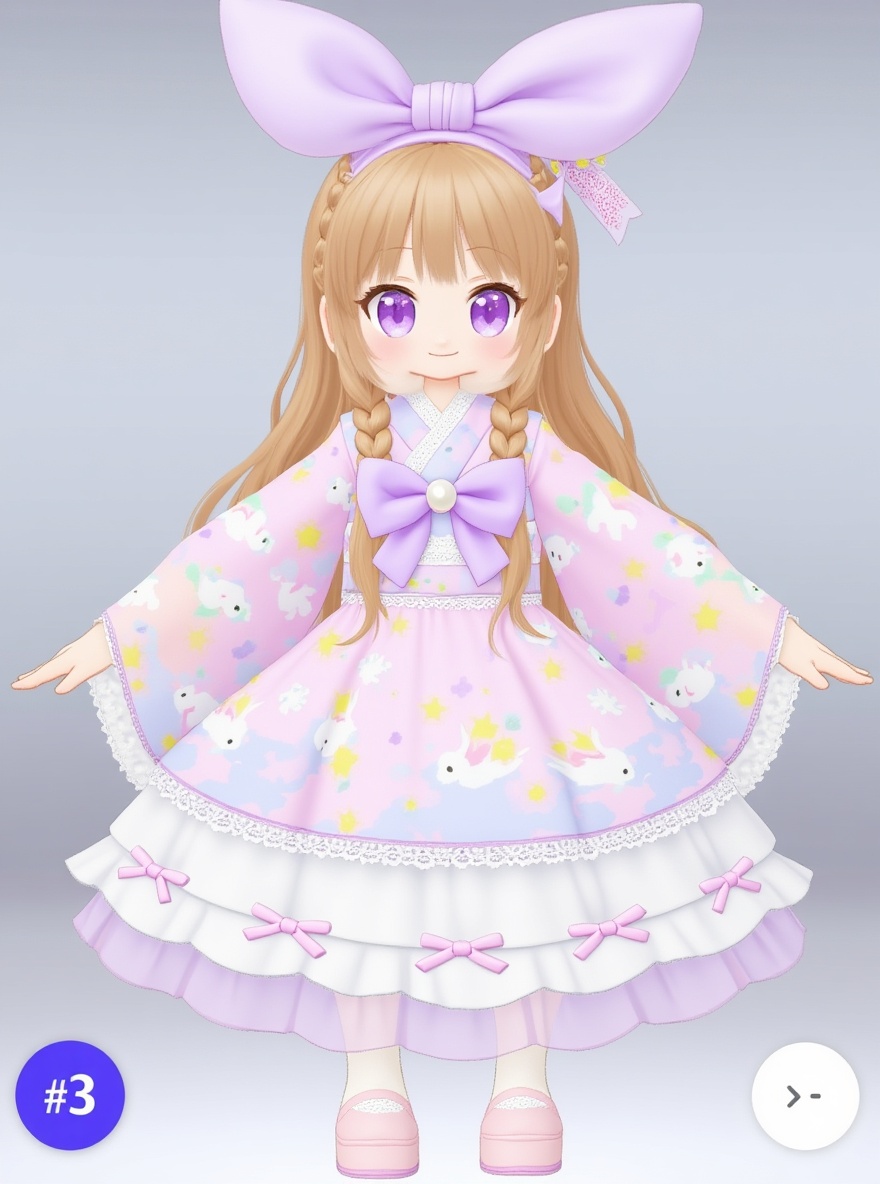 A soft anime-style girl with fair skin and a gentle pastel color palette. She has long, slightly wavy light brown hair with a front fringe and braided strands along the crown. Her large violet-pink eyes express calm innocence. She wears a pastel pink and lilac kimono top with unicorn and floral prints, tied with a big lavender bow featuring a pearl in the center. Her outfit includes layered white and lilac frilly skirts with tiny pink ribbons, lace-patterned white tights, and soft pink platform shoes. The overall style is dreamy, cute, and sweet — a blend of kawaii and elegance.
Lighting: soft studio light, slightly diffused glow, smooth shading.
Style: semi-realistic anime 3D (matching the reference style).
Expression: neutral and soft smile, calm eyes, gentle presence.