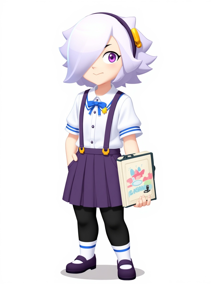 1girl, Brawl stars, colette_(brawl_stars), short white hair, teenager, cashier uniform, shirt, light colors, crossed suspenders, straitjacket-style uniform, pockets, accessories, thighhighs, school shoes, holding scrapbook, black pants, single character, full body, looking at viewer, anime style, simple background, white background