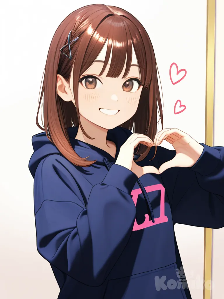 <kuroha-Vs7G>, 1girl, hoodie, smile, heart hands, selfie, realistic, cute outfit, brown hair with purple ombre/ tips, light make up
