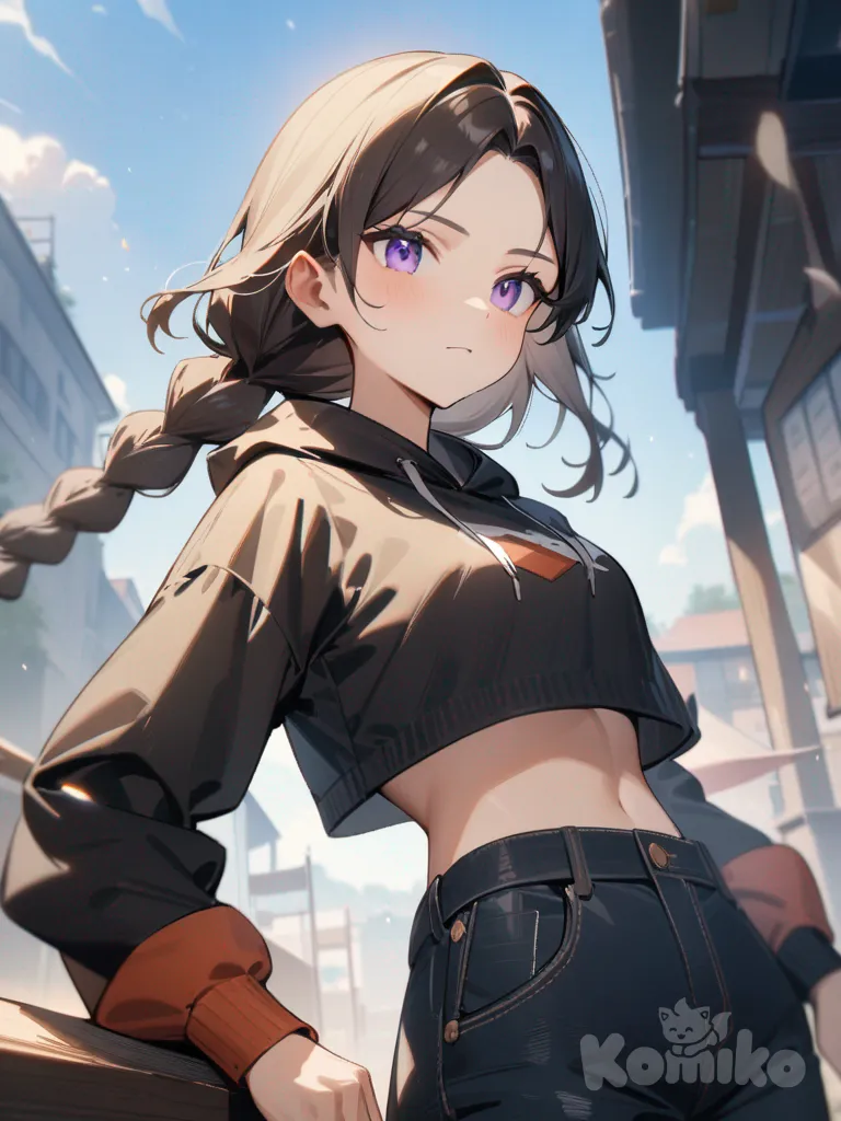 one girl, my hero Acadamia style, long braided hair with a brown tint, black baggy jeans and a cropped hoodie, and blue and purple eyes