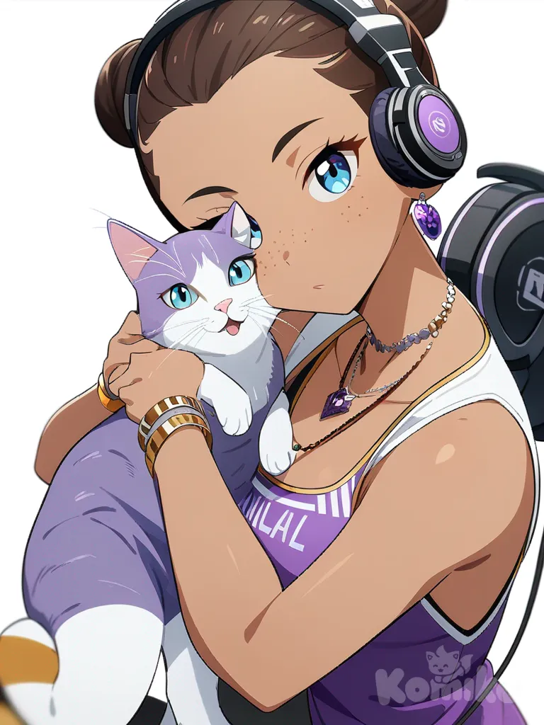 1girl, teenager, curvy, athletic, tan skin, brown hair, bun, purple hair tips, blue eyes, freckles, mini dress, earrings, necklace, bracelet, headphones, holding cat, jewelry, single character, full body, looking at viewer, anime style, simple background, white background