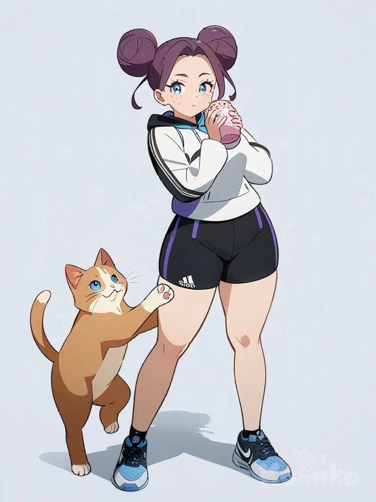 1girl, teenager, curvy, athletic, bun hairstyle, blue eyes, freckles, brown hair, purple hair tips, holding cat, single character, full body, looking at viewer, anime style, simple background, white background