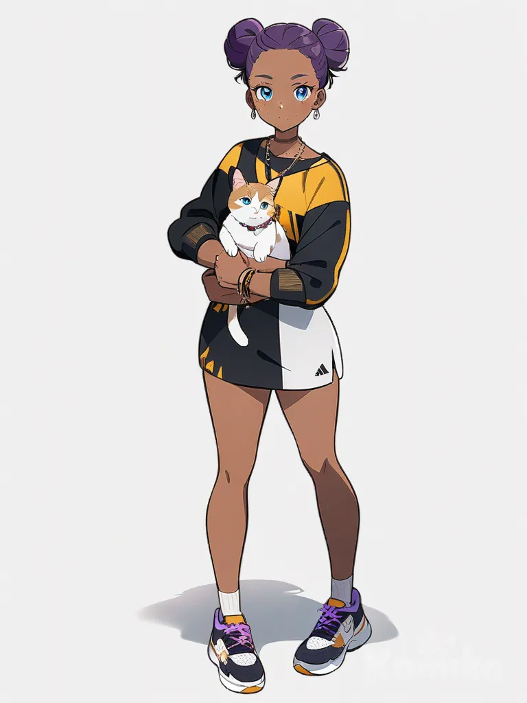 1girl, teenager, athletic, tan skin, brown hair, bun, purple hair tips, blue eyes, freckles, mini dress, headphones, holding cat, jewelry, earrings, necklace, bracelet, single character, full body, looking at viewer, anime style, simple background, white background