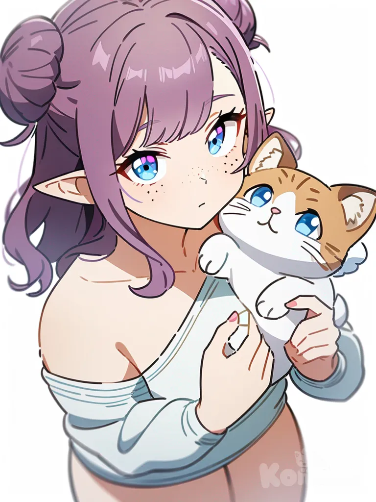 1girl, elf, angel, teenager, curvy, athletic, bun hairstyle, blue eyes, freckles, brown hair, purple hair tips, holding cat, single character, full body, looking at viewer, anime style, simple background, white background