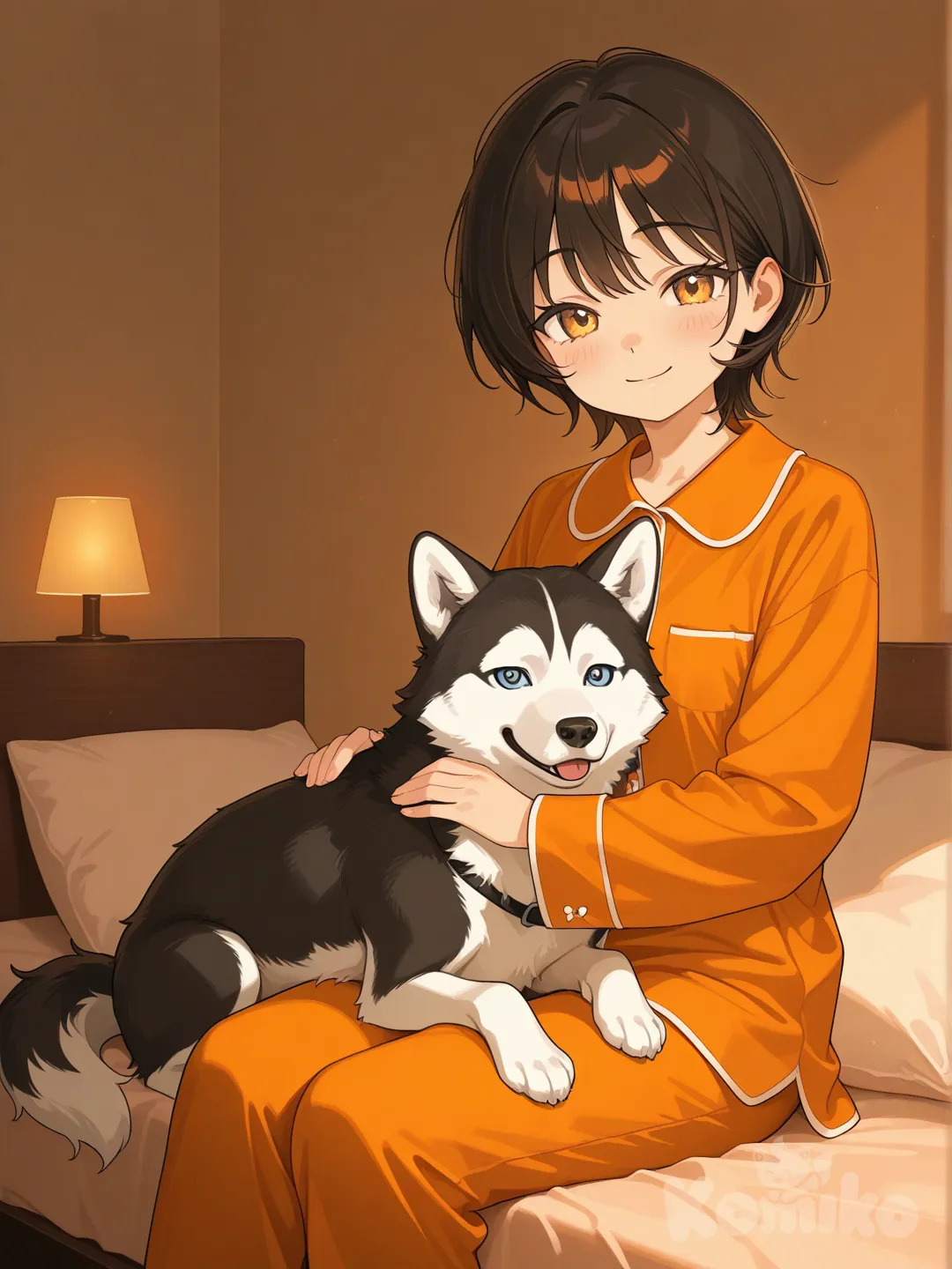 Cute girl in athstetic bedroom with a husky