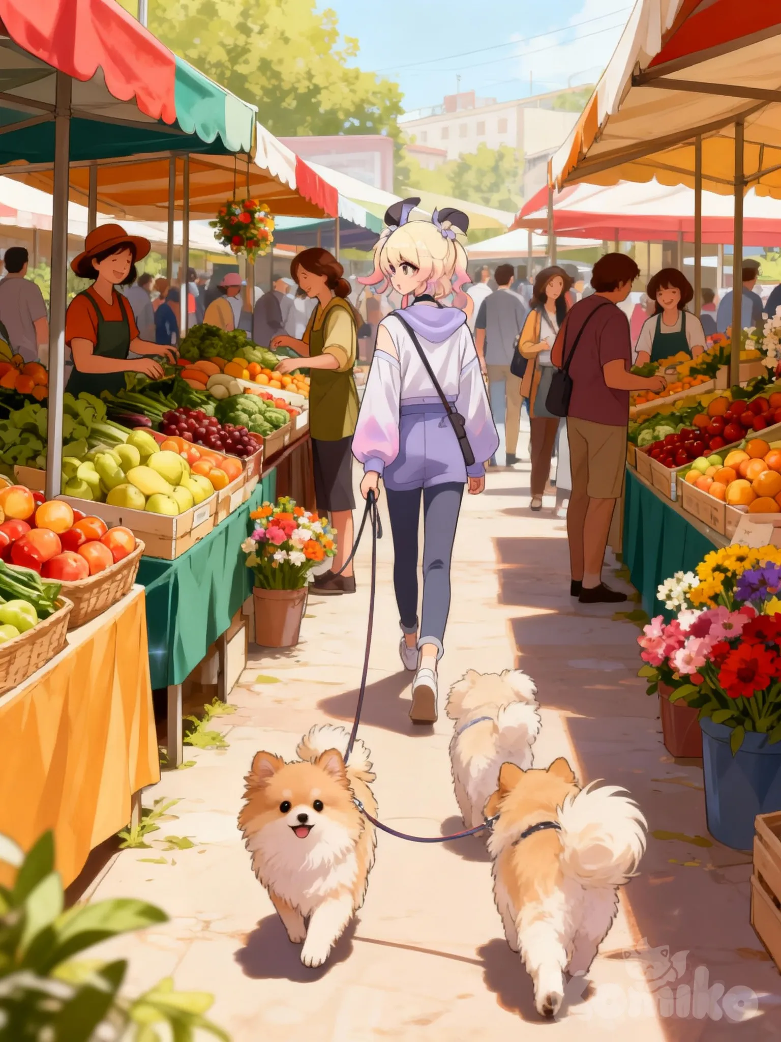 Luna walking in a farmers market
