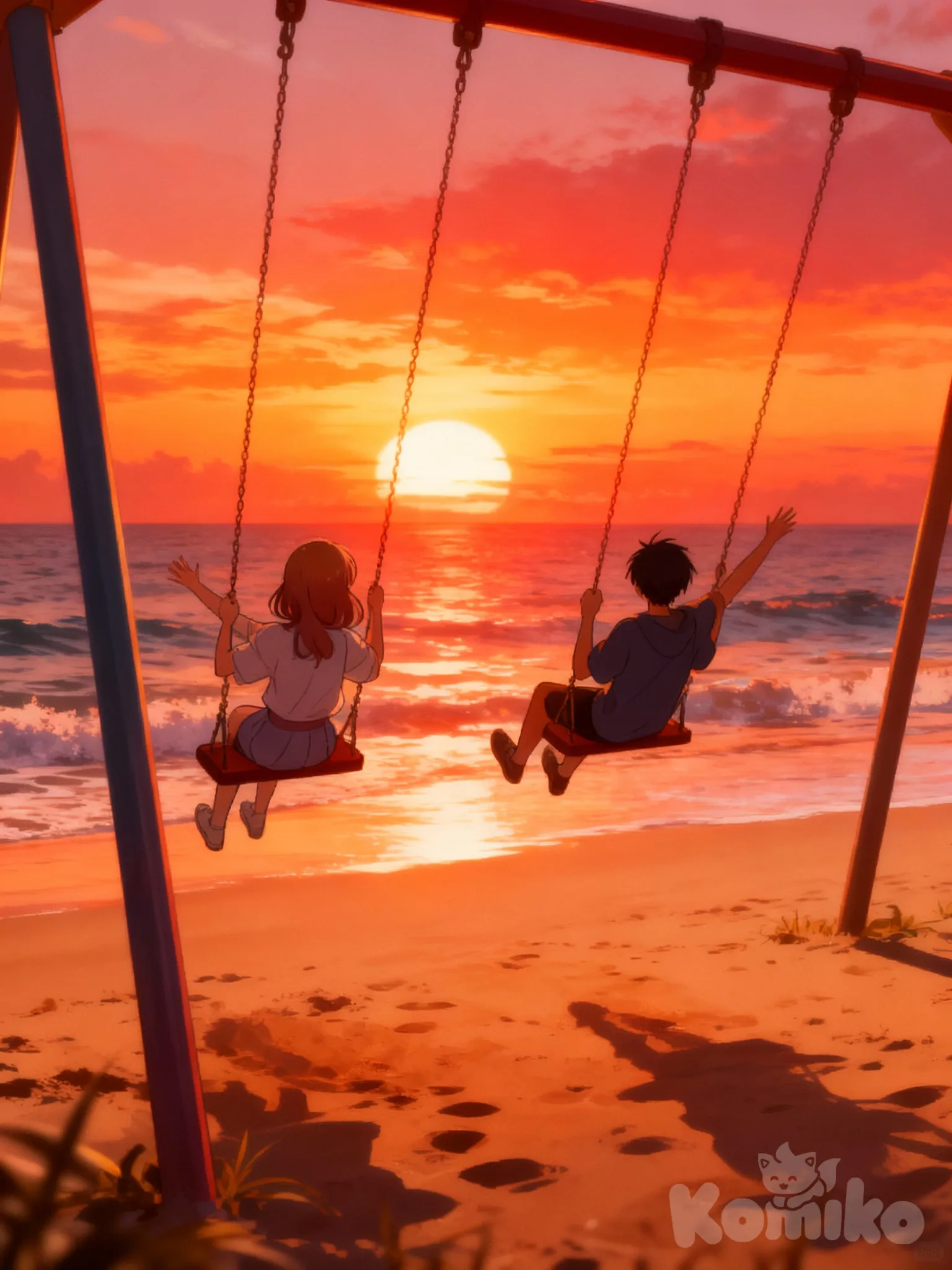 Swining on swings, on the beach, watching the sunset.